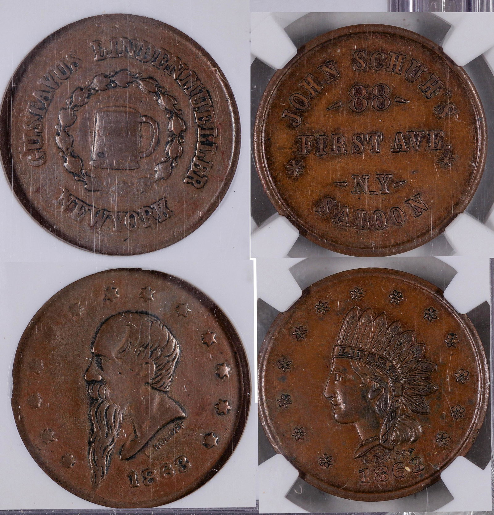 Civil War Store Cards: Saloon/Beer [129163]: Lot of two: 1) 630AQ-1a,Gustavus Linden Mueller NY/Beer Stein; NGC VF 25, R2; 2) 630BM-1a, John Schuh's Saloon NY,NY; NGC AU Details, bent, R2. Date: Country (if not USA): State: New YorkCity: Provena