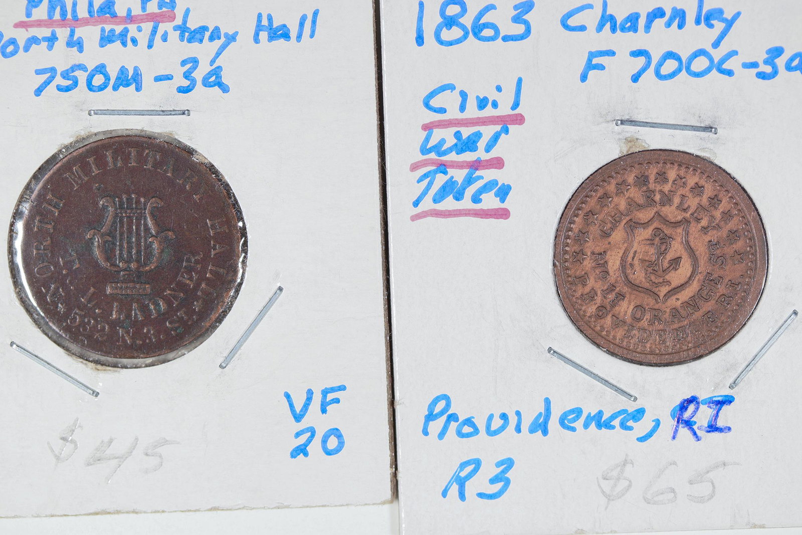 Civil War Store Cards [129155]: Lot of two: 1) 750M.3a North Military Hall. Harp./Philadelphia, PA; VF 20; 2) F-700C-3a.Charnley, Providence, RI/Union C, AU 55. Date: Country (if not USA): State: City: Provenance: