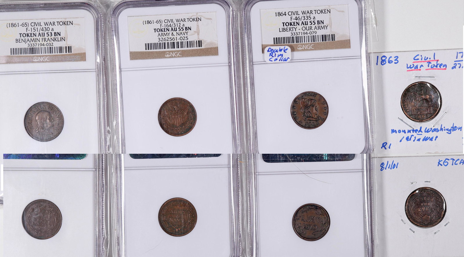 Civil War Tokens: Franklin/Washington [129201]: Lot of four civil war tokens: 1)F-151/430.a. Ben Franklin/Penny Saved; NGC AU 53 BN, R1;2) F-46/335.a. Liberty/Our Army. Double rim collar, NGC AU 55 BN, R2; 3) F-164/312.a. Union Shield/Army & Navy; 