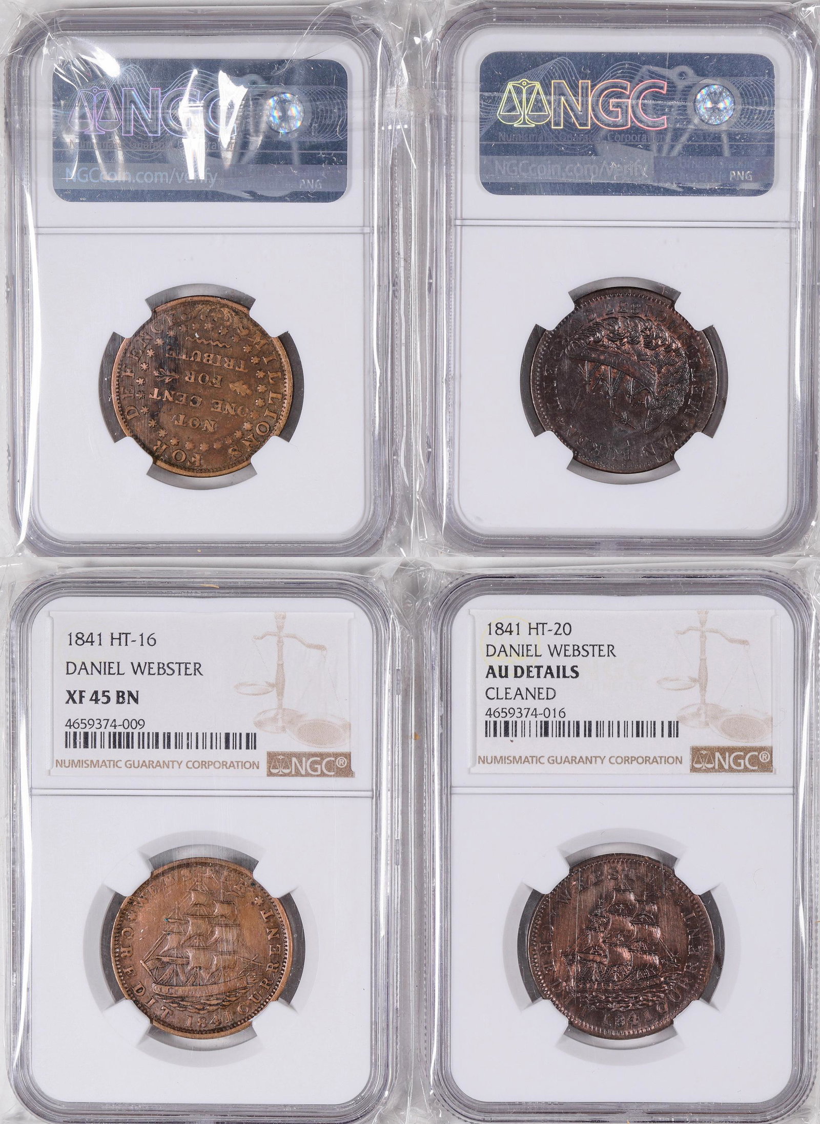 Hard Times Tokens: Daniel Webster [129228]: Lot of two: 1) HT-16/L58. Ship, Webster/Not One Cent. NGC XF 45 BN, R1. 2) HT-20/L62. Daniel Webster/Ship wreck. NGC AU DETAILS Cleaned. R1. Date: Country (if not USA): State: City: Provenance: