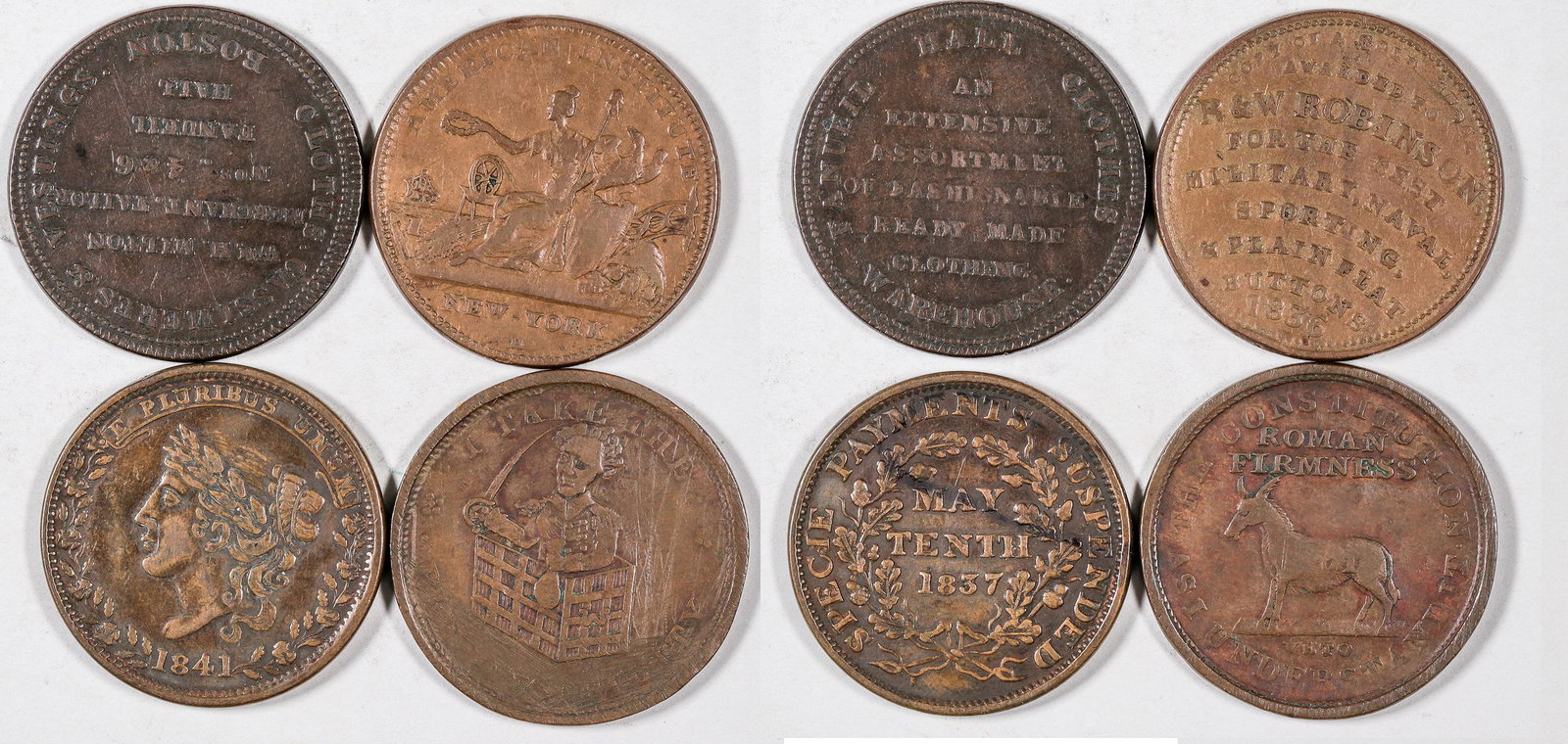 Hard Times Tokens: Four Different [129215]: Lot of four Hard Times tokens: 1) 1836, HT-154/L103. Seated Liberty/R.W.Robinson(close date) G.L.brn. VF 30, R1; 2) 1837, HT-163a/L265A. Wm.H.Milton/Fanuell Hall. VF 30, R1. 3) 1833, HT-72/L51. I Take