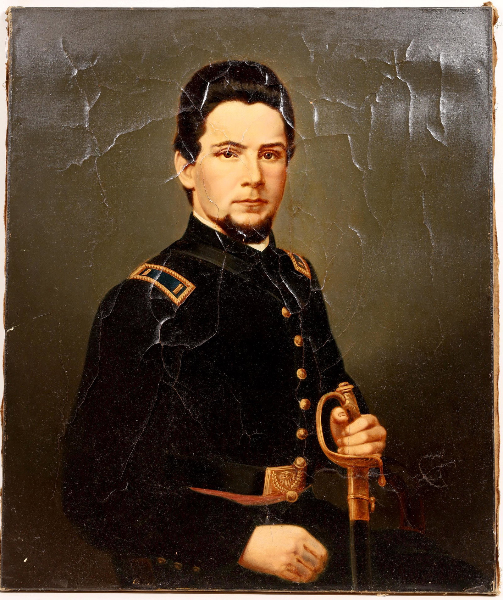 Civil War Soldier Portrait, Enlarged, Enhanced Painted: Portrait of Civil War Soldier. Canvas stretched over wood frame. 25 x 30. Enlarged and enhanced photo, painted over. Paint is cracking. Date: Country (if not USA): State: City: Provenance: