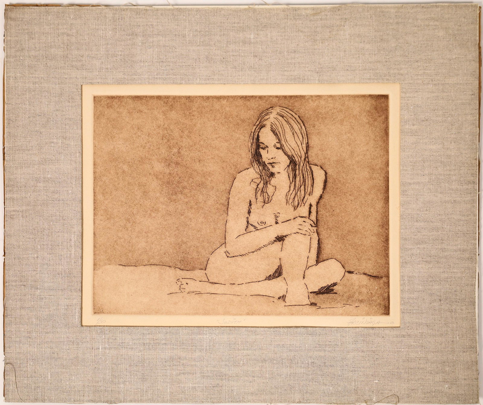 Alfredo Arciniaga Etching "Judith" [131869]: Judith, young woman nude by Alfredo Arciniaga (1940-) . Numbered etching--1/50. Known for his paintings of native peoples--Native American and Mexican, this is a rare etching by Arciniago.Date: Countr