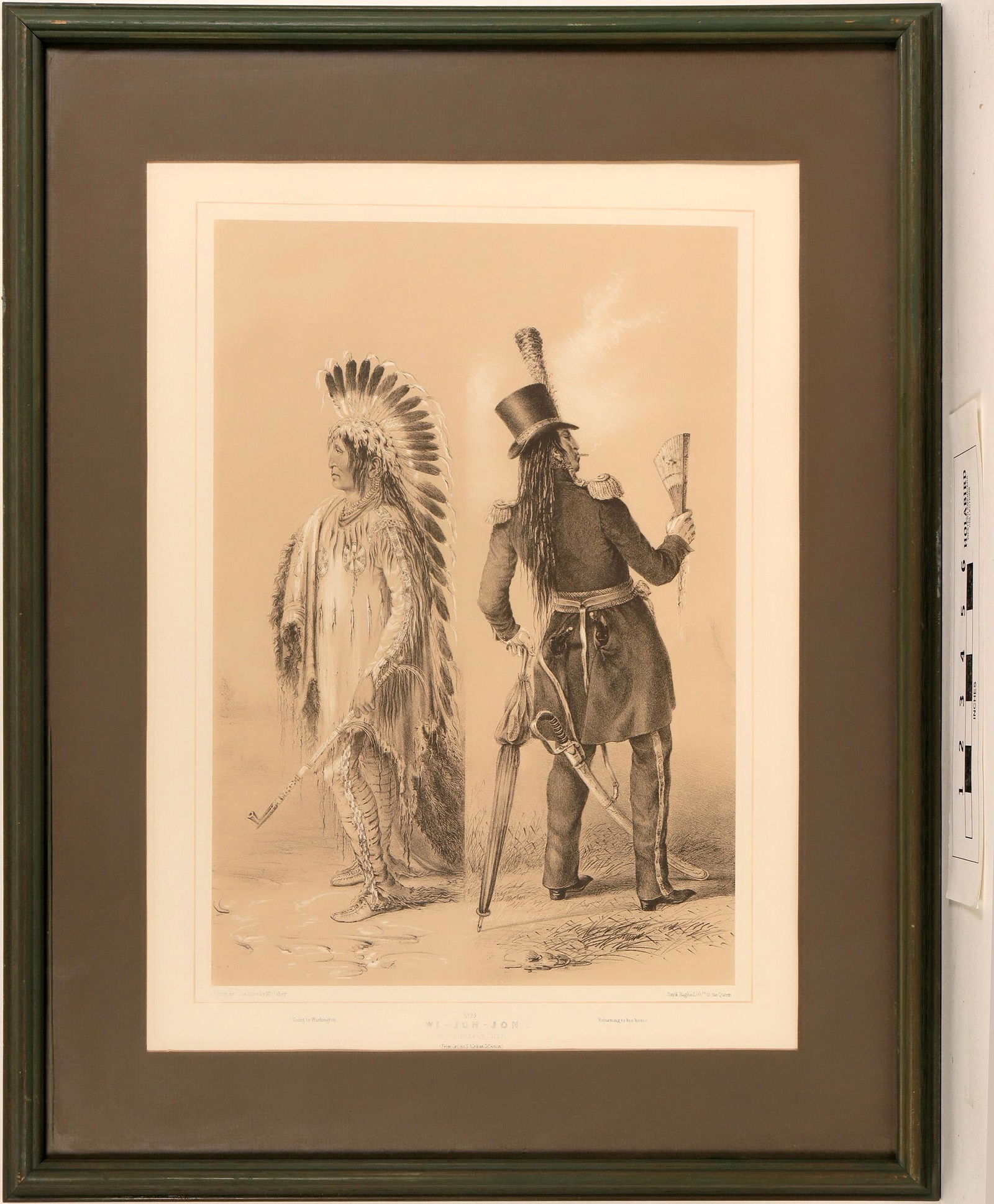 Geo. Catlin's Wi-Jun-Jon - Framed Litho Reproduction: Wi-Jun-Jon by George Catlin, framed lithographic reproduction. Full-length portrait of Indian chief Wi-Jun-Jon showing his attire before and after visiting Washington, D.C. At age 17, George Catlin (1