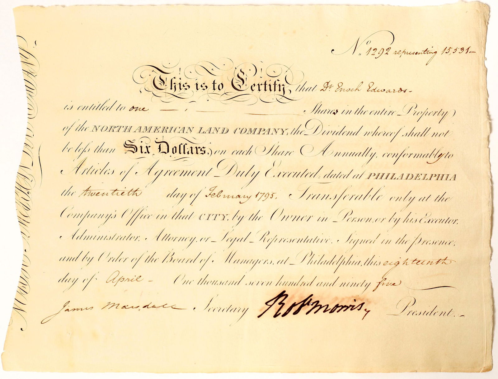 Robert Morris Signed Certificate issued to Dr Enoch: A one share stock certificate in the North American land company, number 1292, dated April 18, 1795, boldly signed by Robert Morris, signer of declaration of independence, and James Marshall. On cance