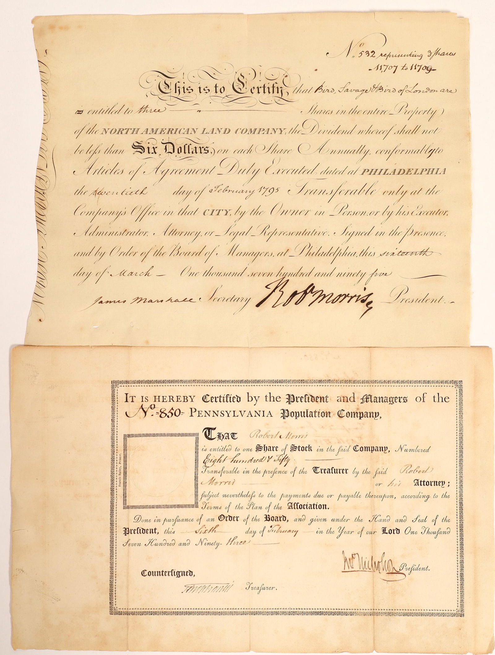 Robert Morris Stock Certificate Pair [132760]: Two documents involving important American colonial financier Robert Morris, also signer the declaration of independence. The first is a North American land Company certificate signed by Morris issued