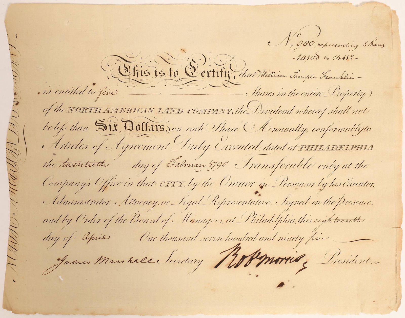 Robert Morris Signature on North American Land Company: North American land Company certificate 980 issued April 18, 1895 to William Temple Franklinton and signed boldly by Robert Morris as president and James Marshall as Sec. No cancellation line through