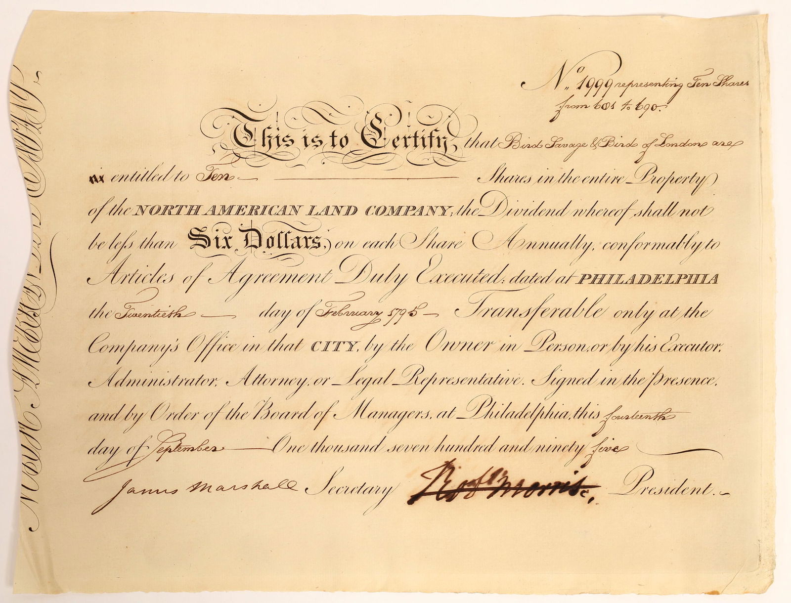 Robert Morris Signed Stock Certificate, 1795 [132761]: Robert Morris, one of the signers of the Declaration of Independence, and unarguably the most important financial force of the colonial and postcolonial, signed this certificate as president. His sign
