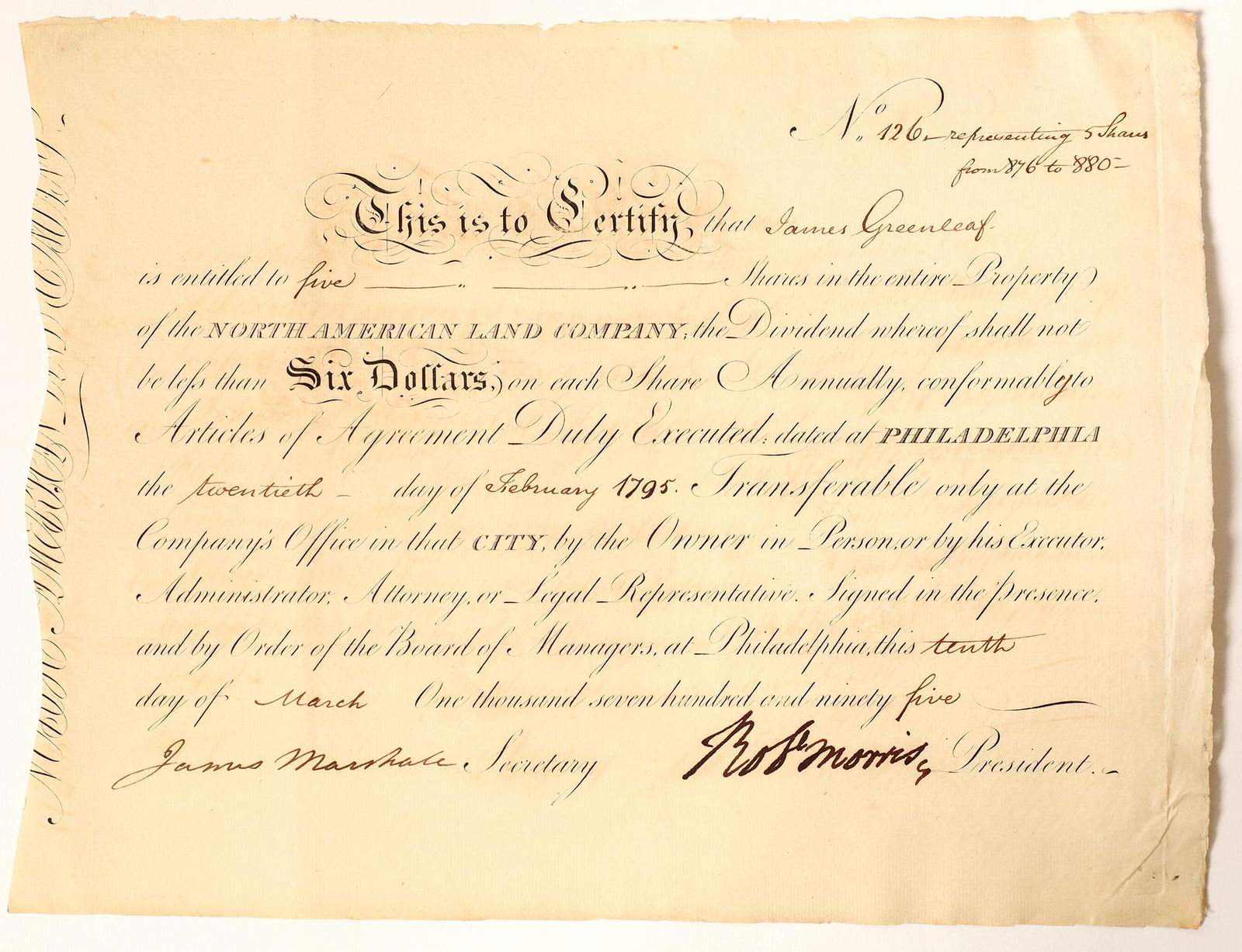 Robert Morris Signed Stock Issued to James Greenleaf,: North American land company stock certificate number 126 issued March 10, 1895 to James Greenleaf, a partner to Robert Morris in this company. The certificate is boldly signed by Robert Morris as pres
