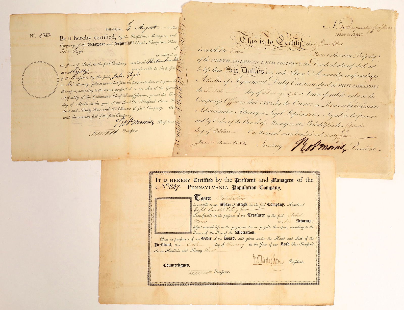 Robert Morris, Signer of the Declaration of: Group of three documents issued to or signed by Robert Morris, a key contributor to the new United States of America, one of the key financiers to the development of this new country, and a signer of