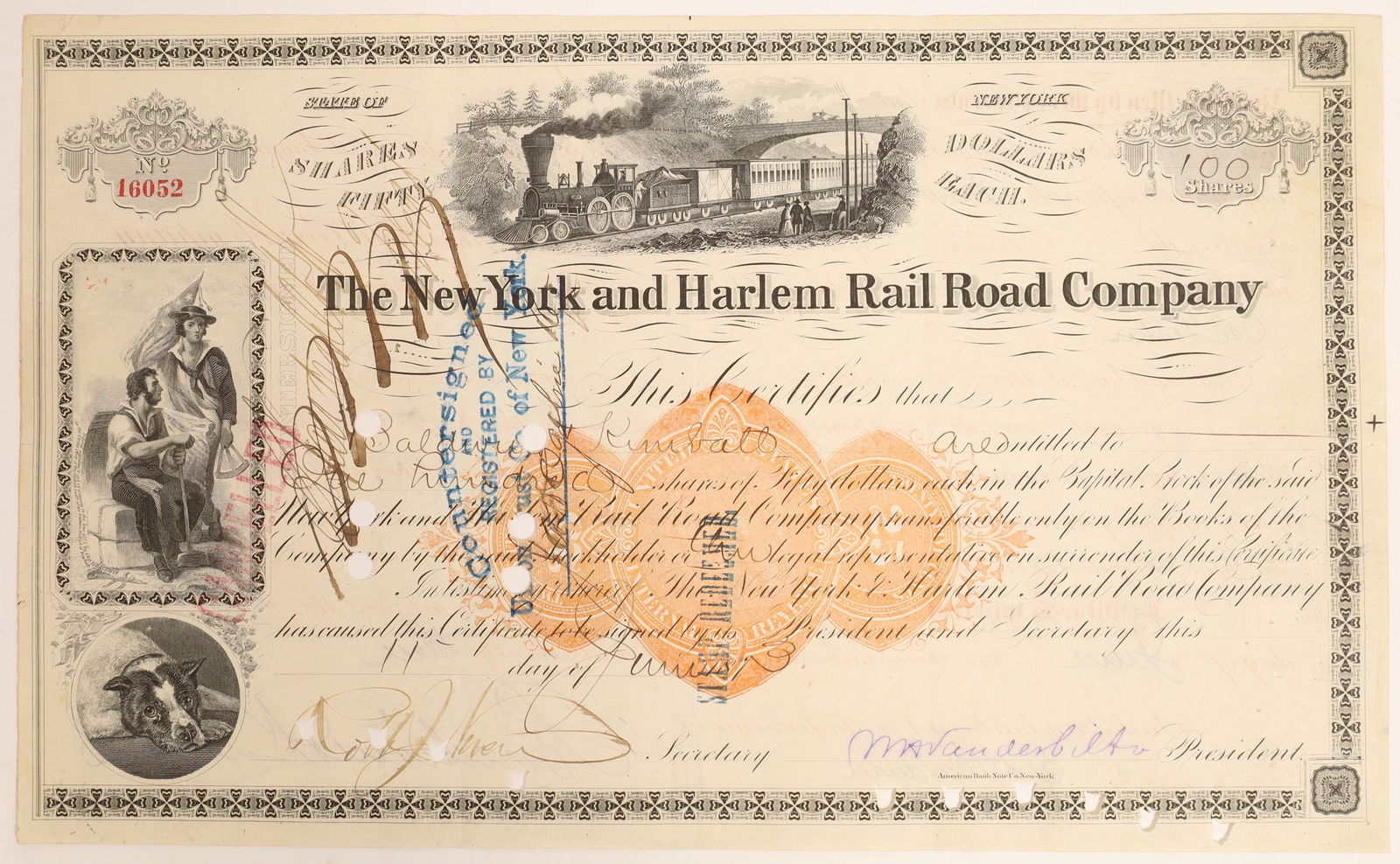 New York and Harlem Railroad Co. Stock with Rare: Issued to Baldwin and Kimball on certificate 16052 for 100 shares on May 11, 1873. Autographed by W A Vanderbilt as president and Robert Johnson as Sec. Hole cancels at left affect revenue stamp but n