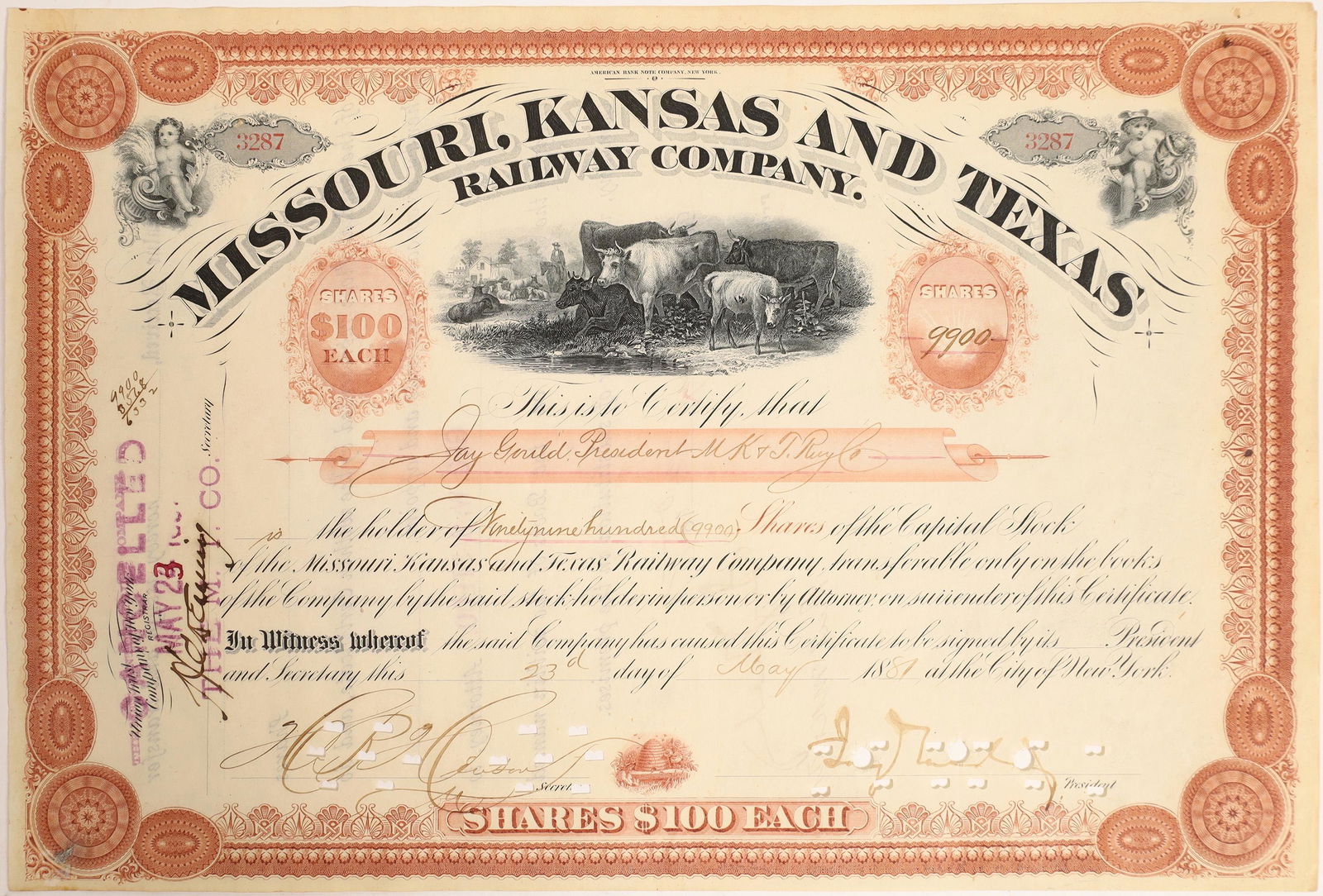 Jay Gould Signature as President on Missouri, Kansas (1 of 2)