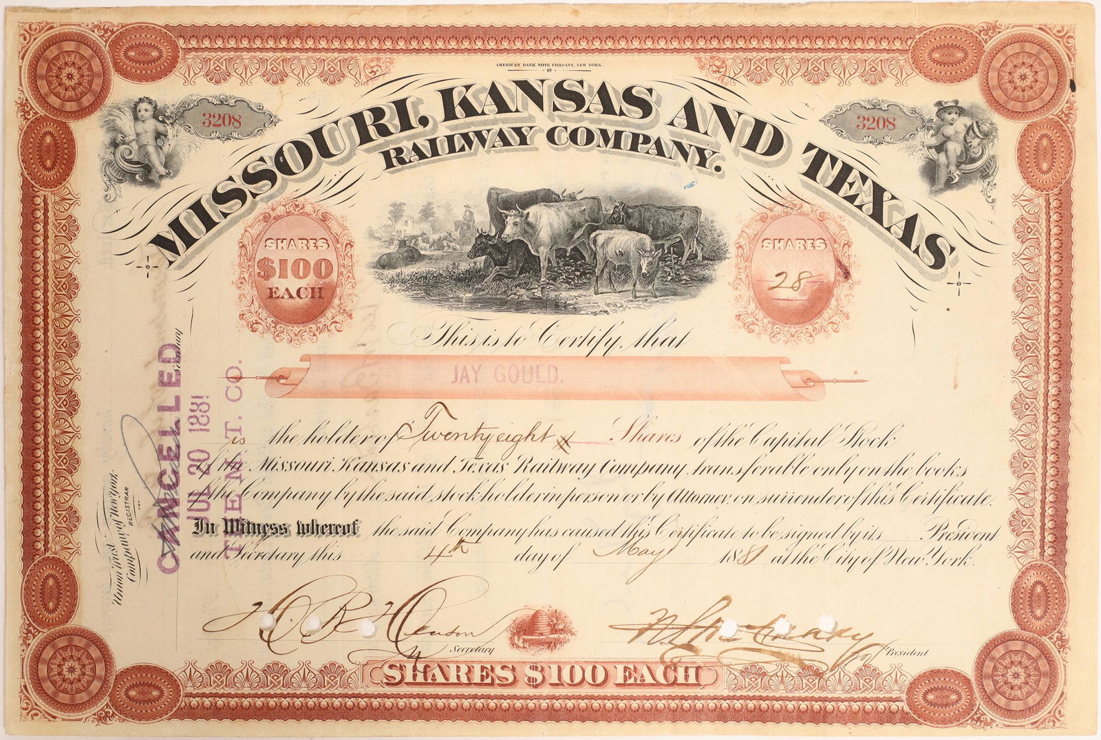 Jay Gould Signature on Missouri, Kansas and Texas (1 of 2)
