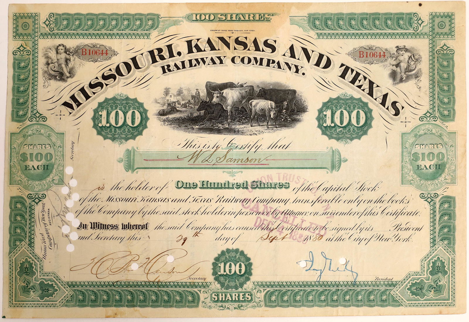 Jay Gould signed Missouri, Kansas and Texas Railroad (1 of 1)