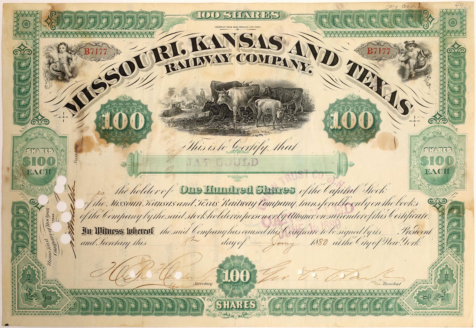 Jay Gould signed Missouri, Kansas and Texas Railroad (1 of 2)