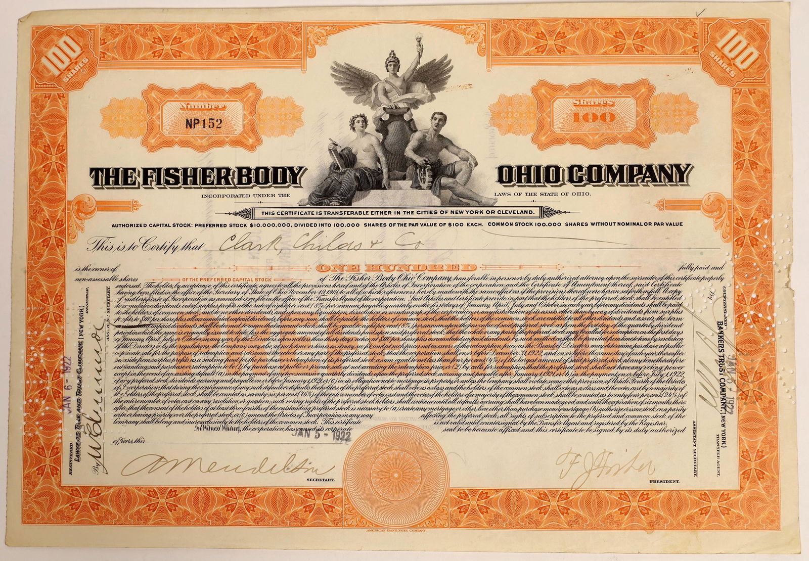 Fisher Body Ohio Stock Certificate Signed by F.J. (1 of 1)