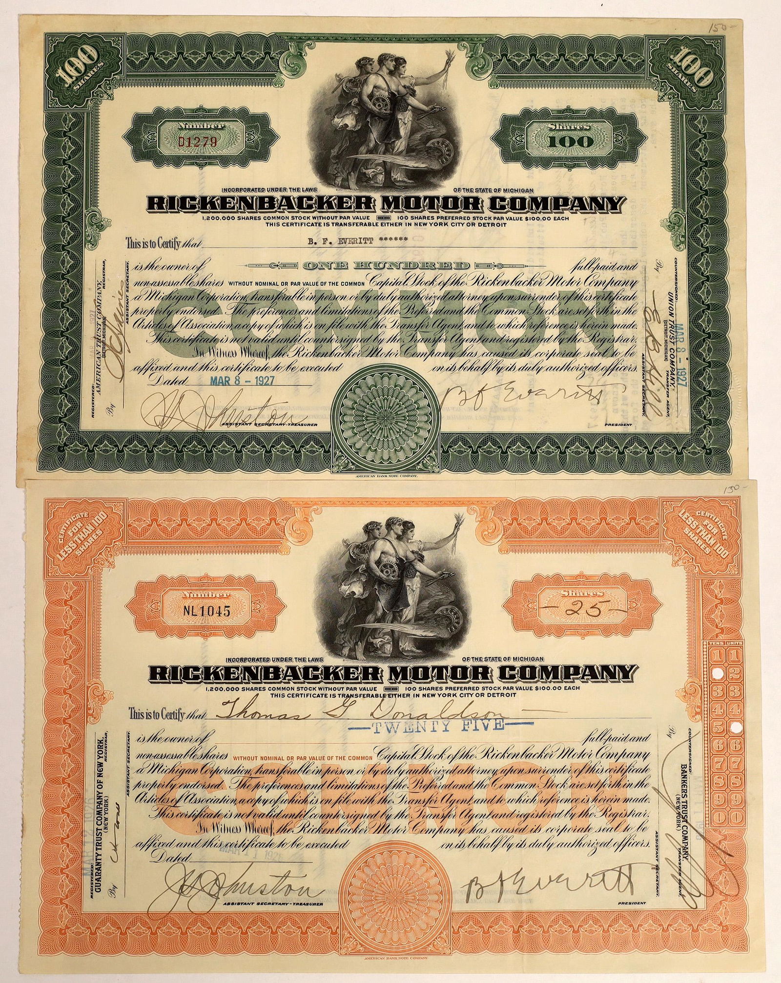 Rickenbacker Motor Company Stock Certificates (2) (1 of 1)
