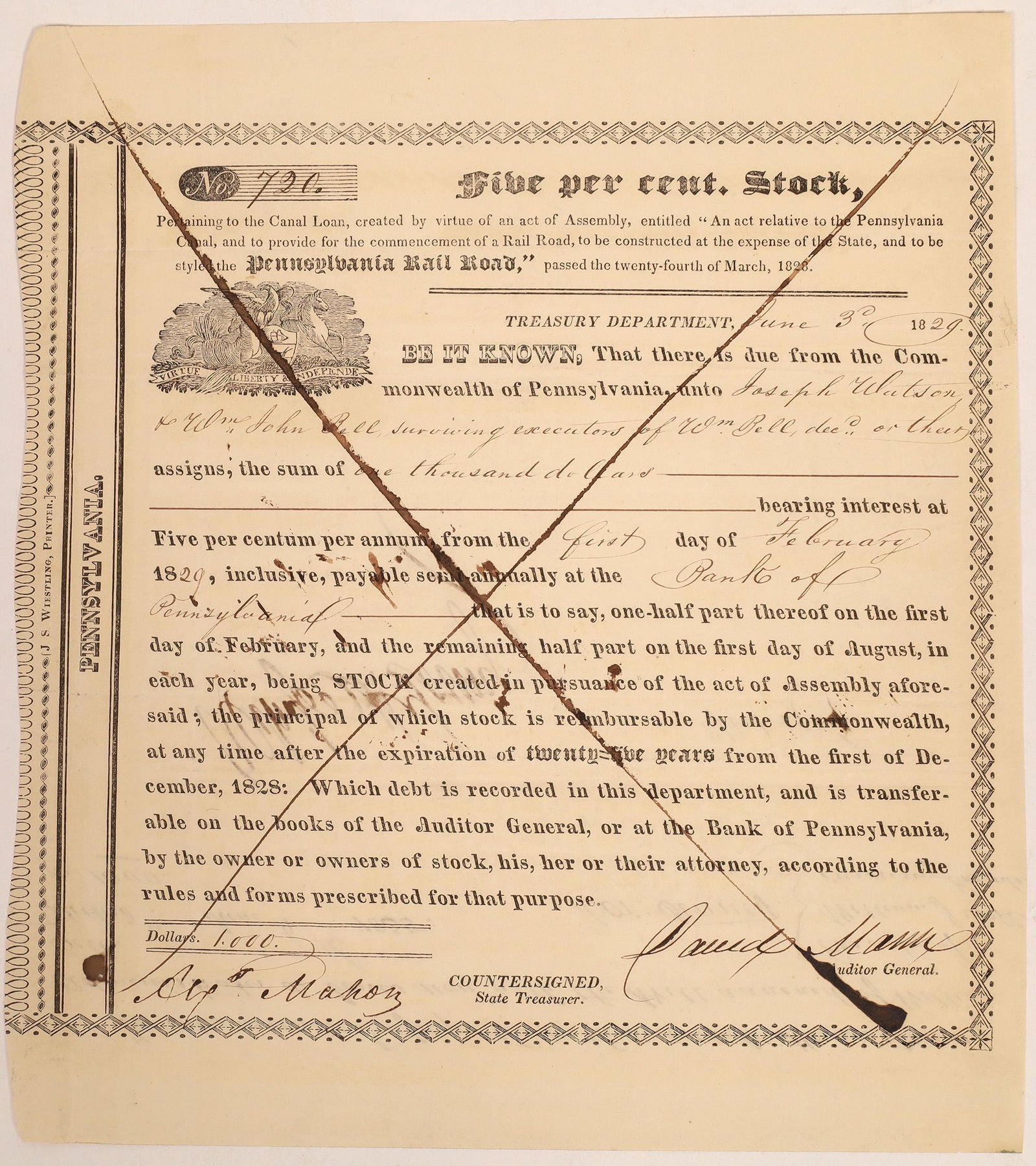 Pennsylvania Rail Road Bond [134111]: Very early. No. 720, issued for $1,000 in 1829 to Joseph Watson and William John Bell. Signed by David Mann as auditor general and Alex. Mahoy as state treasurer. Pen cancelled. Black print, small all
