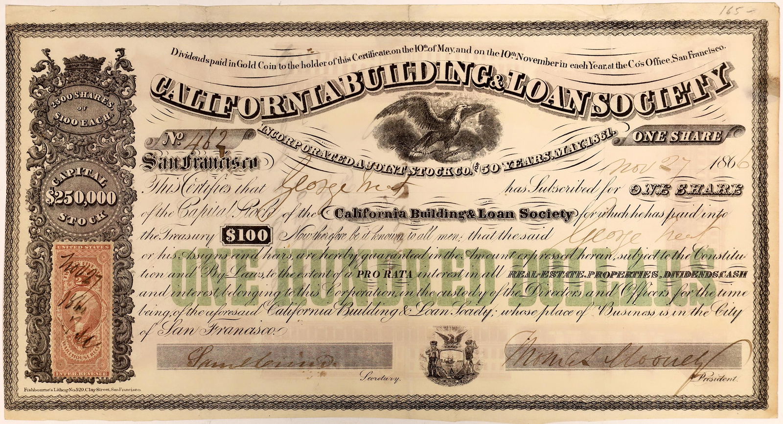 California Building & Loan Society Stock Certificate, (1 of 1)