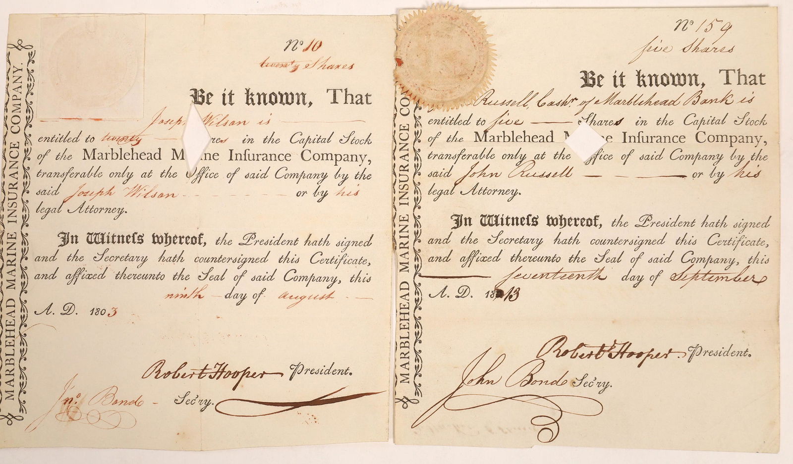 Marblehead Marine Insurance Co. Stock Certificate Pair (1 of 1)