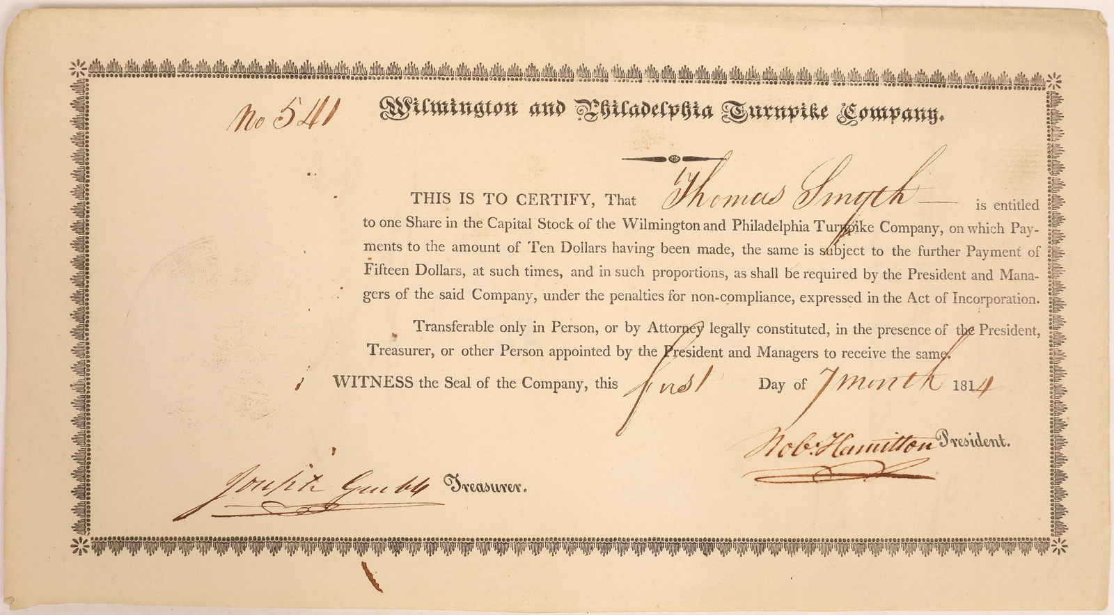 Wilmington & Philadelphia Turnpike Company Stock (1 of 2)