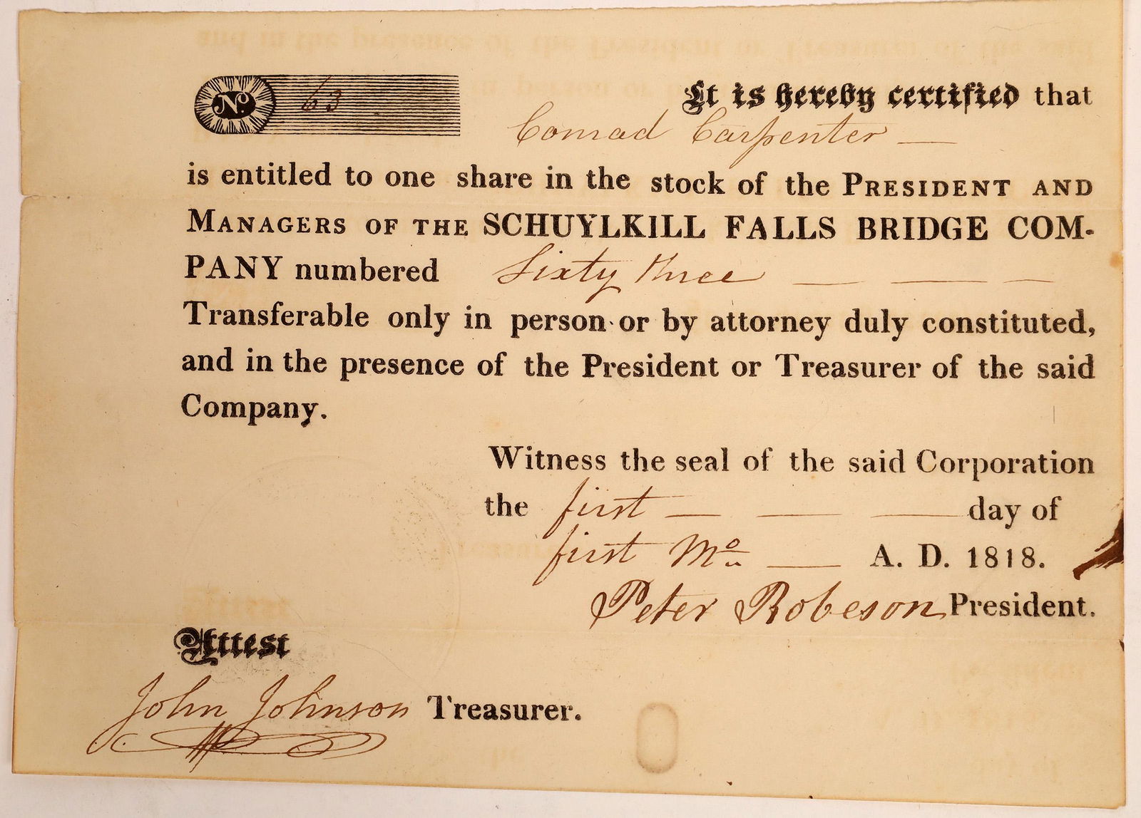 Schuylkill Falls Bridge Company Stock Certificate (1 of 1)