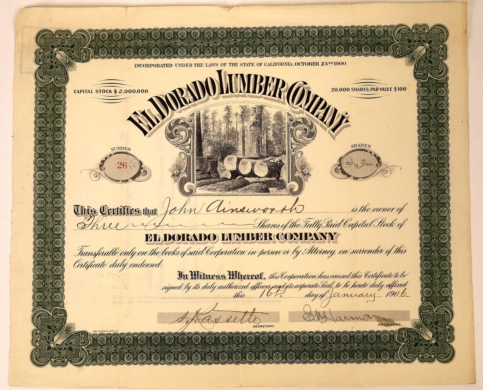 El Dorado Lumber Company Stock Certificate  [129751] (1 of 1)