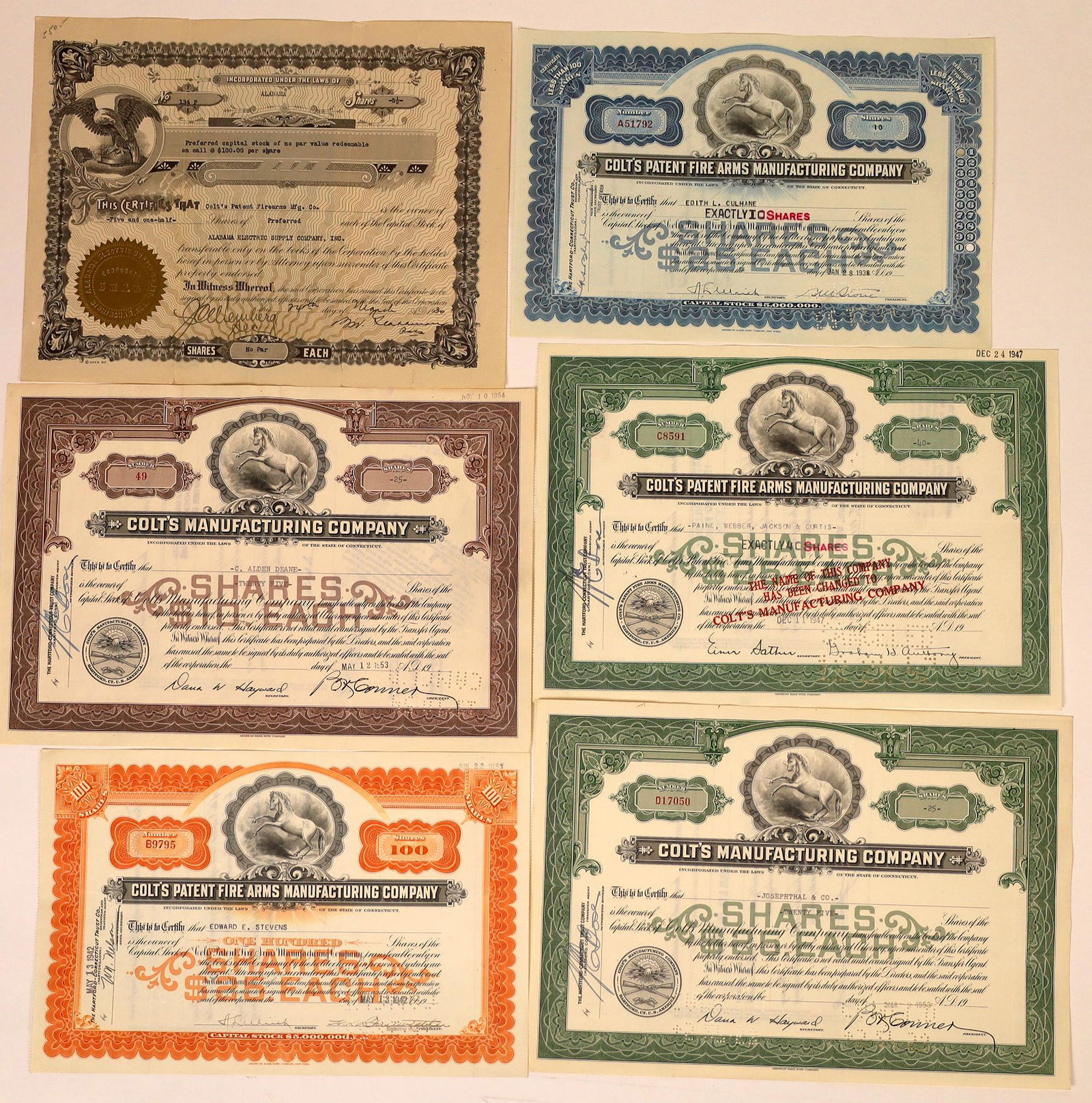 Colt's Firearms Stock Certificates (6)  [129761] (1 of 1)