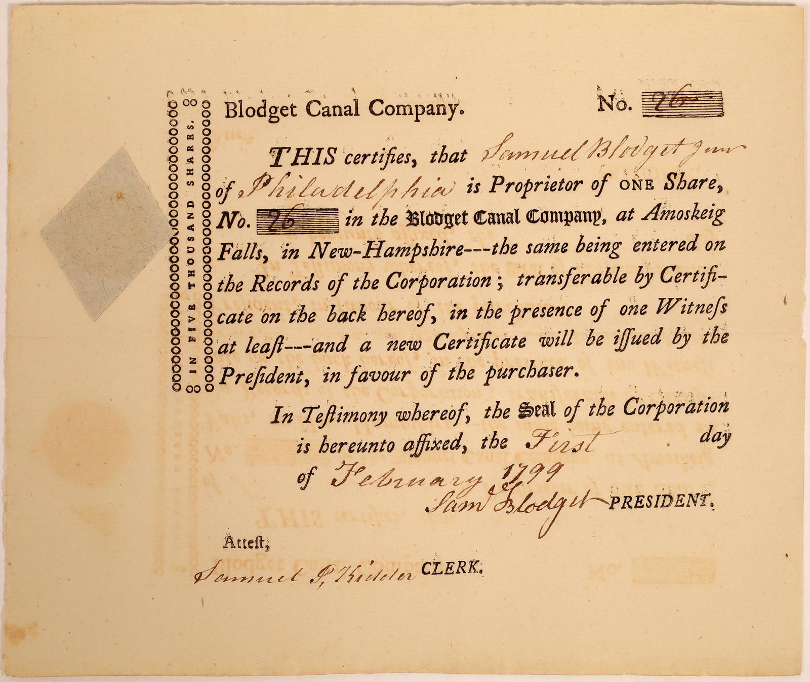 Blodget Canal Company Stock Certificate  [134108] (1 of 1)