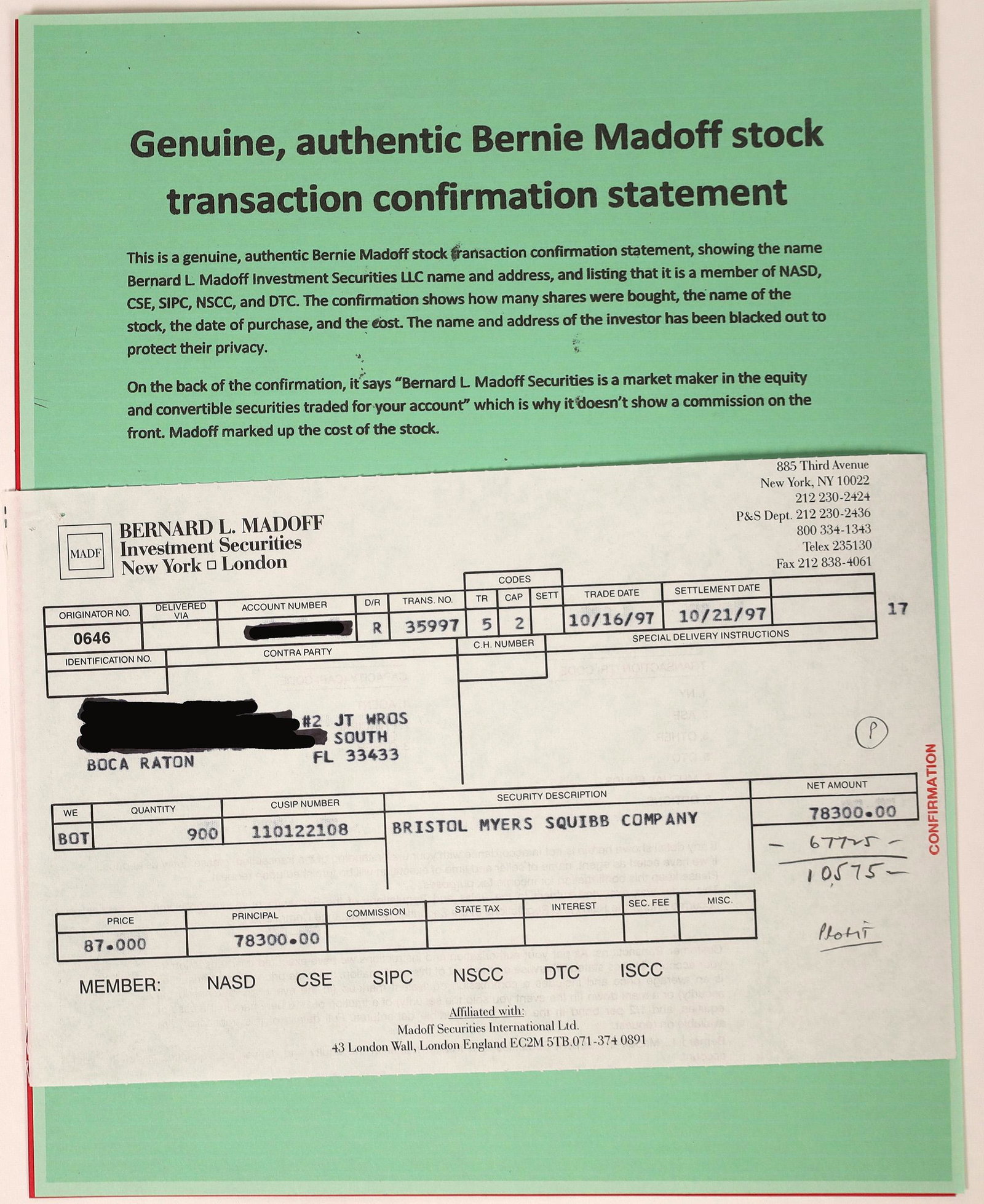Bernard Madoff Investment Securities Stock Confirmation: Bernie Madoff, who recently passed away in April 2021, had been the head of the N.A.S.D. and a respected member of the investment community. And then, he committed the largest fraud in U.S. history. H