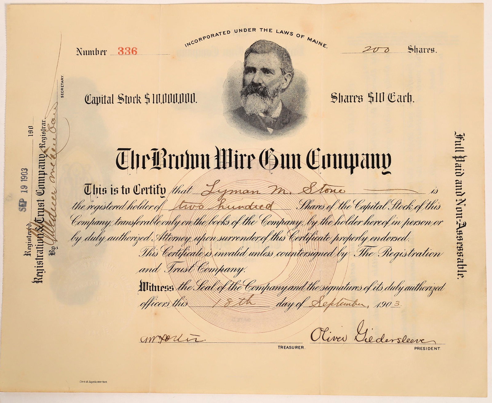 Brown Wire Gun Stock Certificate [132813]: The certificate features a vignette of inventor John Hamilton Brown on the front and a unique vignette of a wire gun on the back. In the same month the certificate was issued, the company tested its t