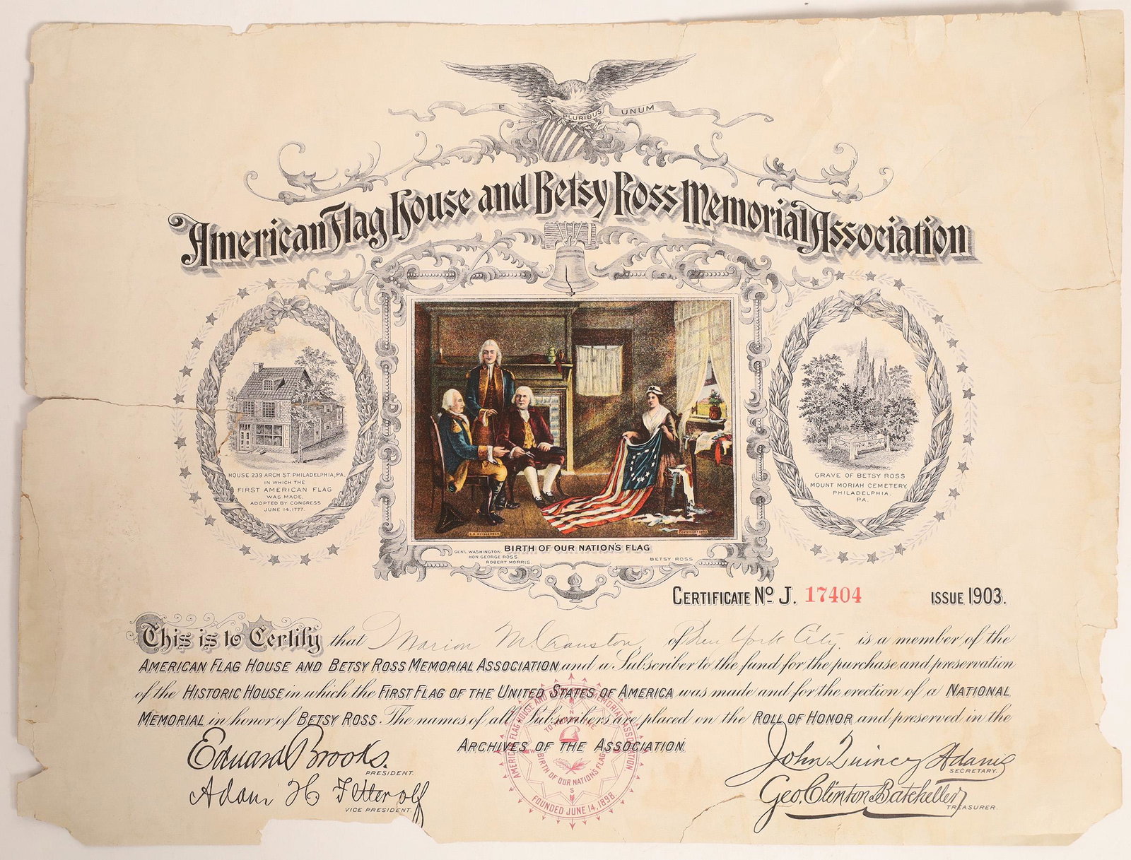 American Flag House and Betsy Ross Memorial Association: Exceptionally attractive. Certificate 17404, issued 1903 to Marion M Cranston of New York City. Color vignette of Betsy Ross and George Washington at center. The certificate certifies that Cranston is