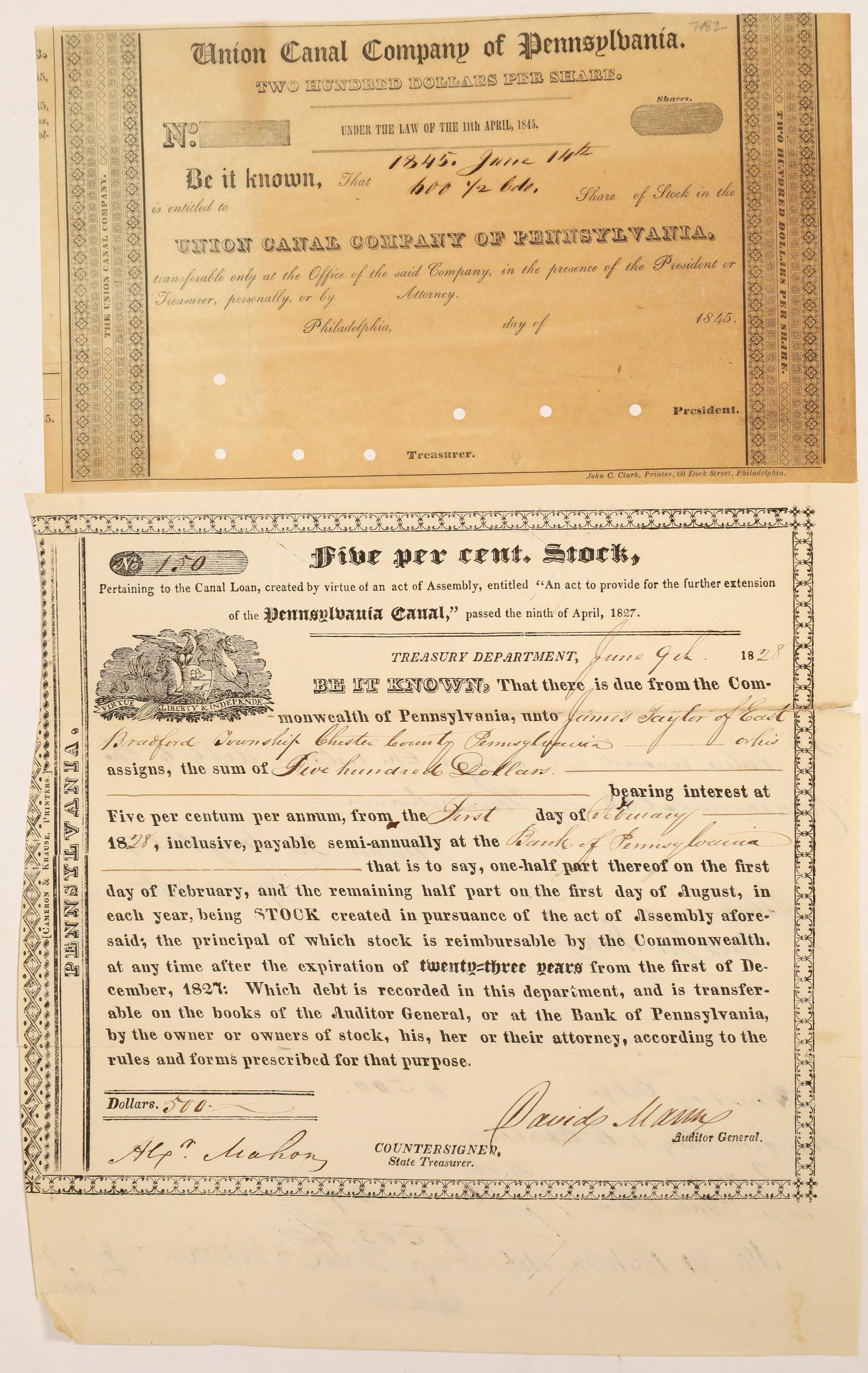 Early Pennsylvania Canal Stock Certificate & Bond: Lot of 2 different. 1) Pennsylvania Canal bond issued by the Treasury Department for $500 to James Taylor in 1828. Signed by auditor general David Mann and state treasurer Alex. Mahon. Transferred on