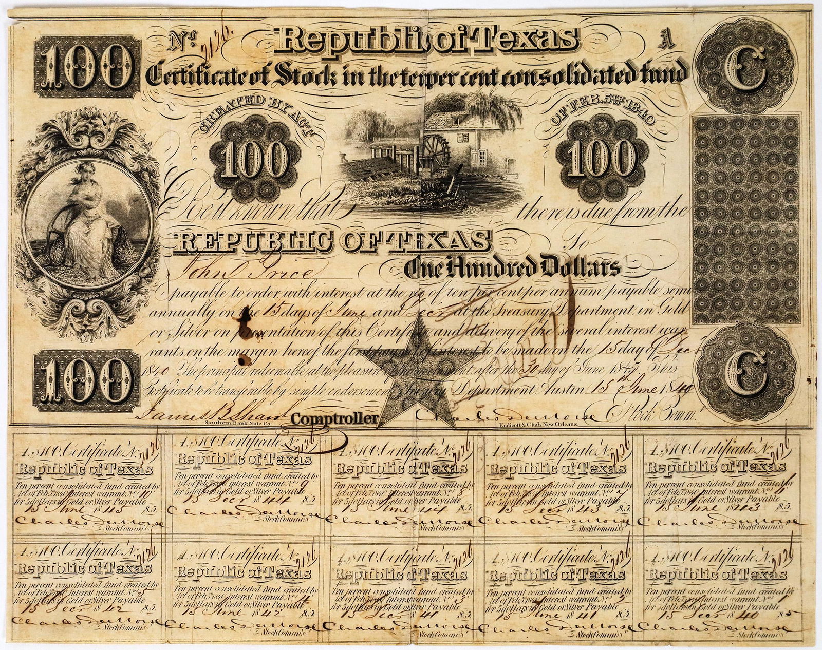 Republic of Texas $100 Bond  [135406] (1 of 1)