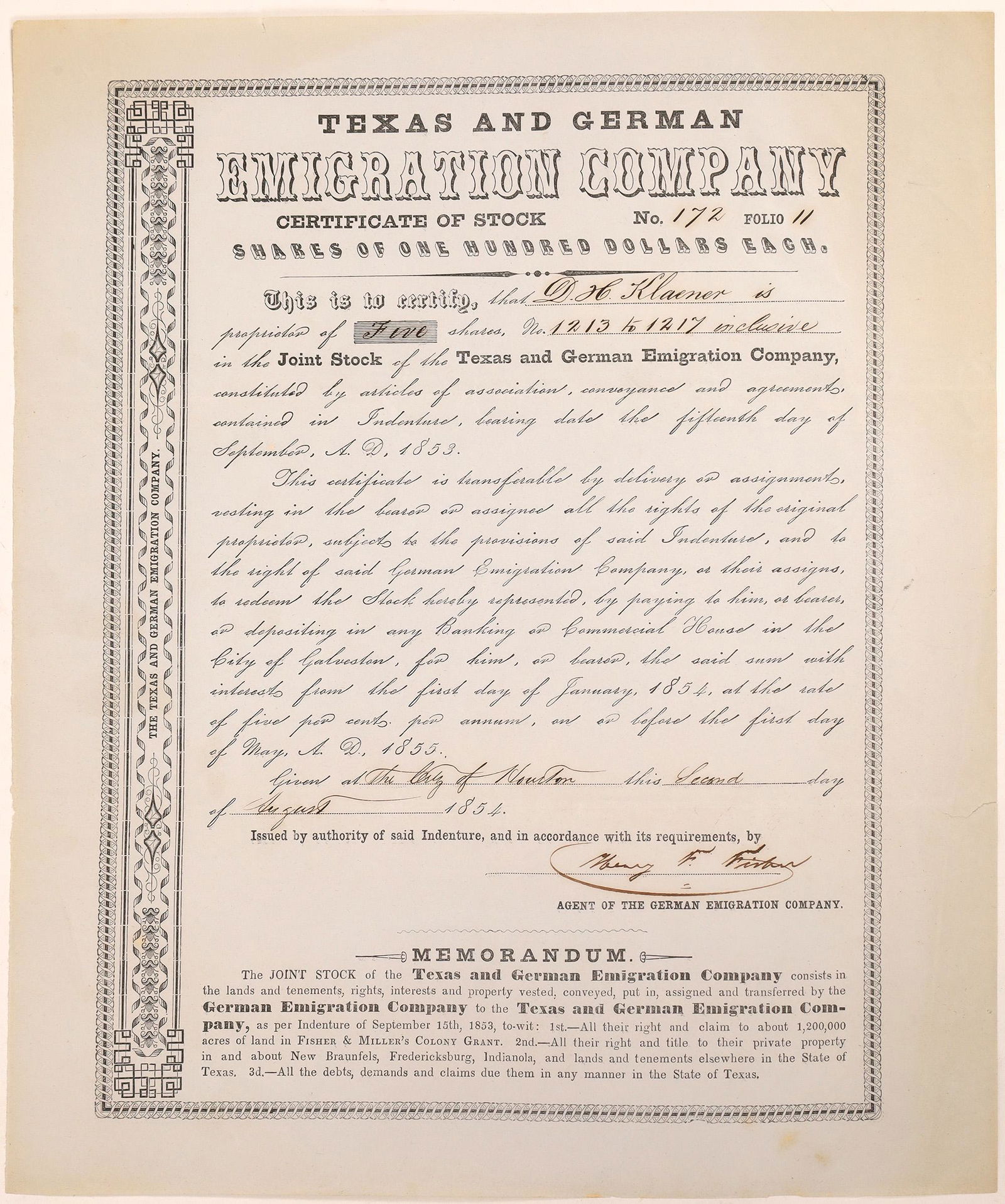 Texas & German Emigration Company Stock Certificate (1 of 1)