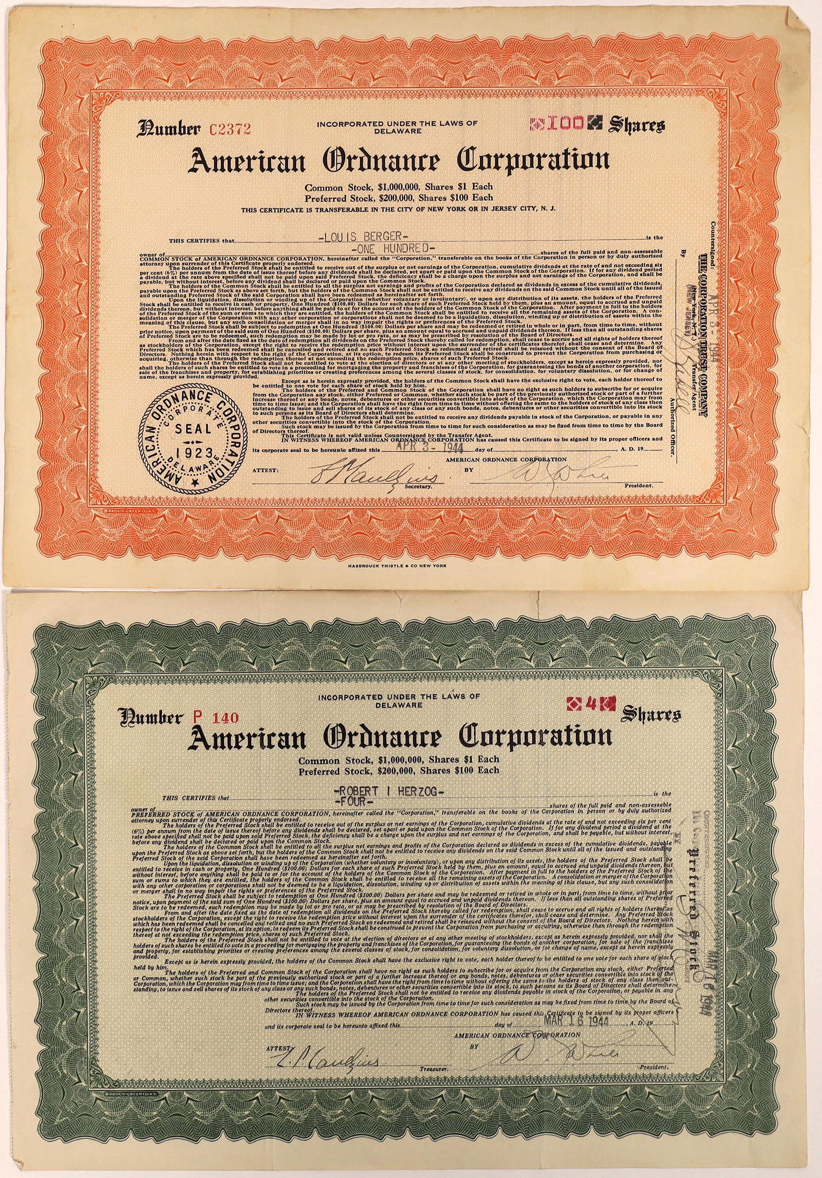 American Ordnance Corporation Stock Certs (2)  [129758] (1 of 1)