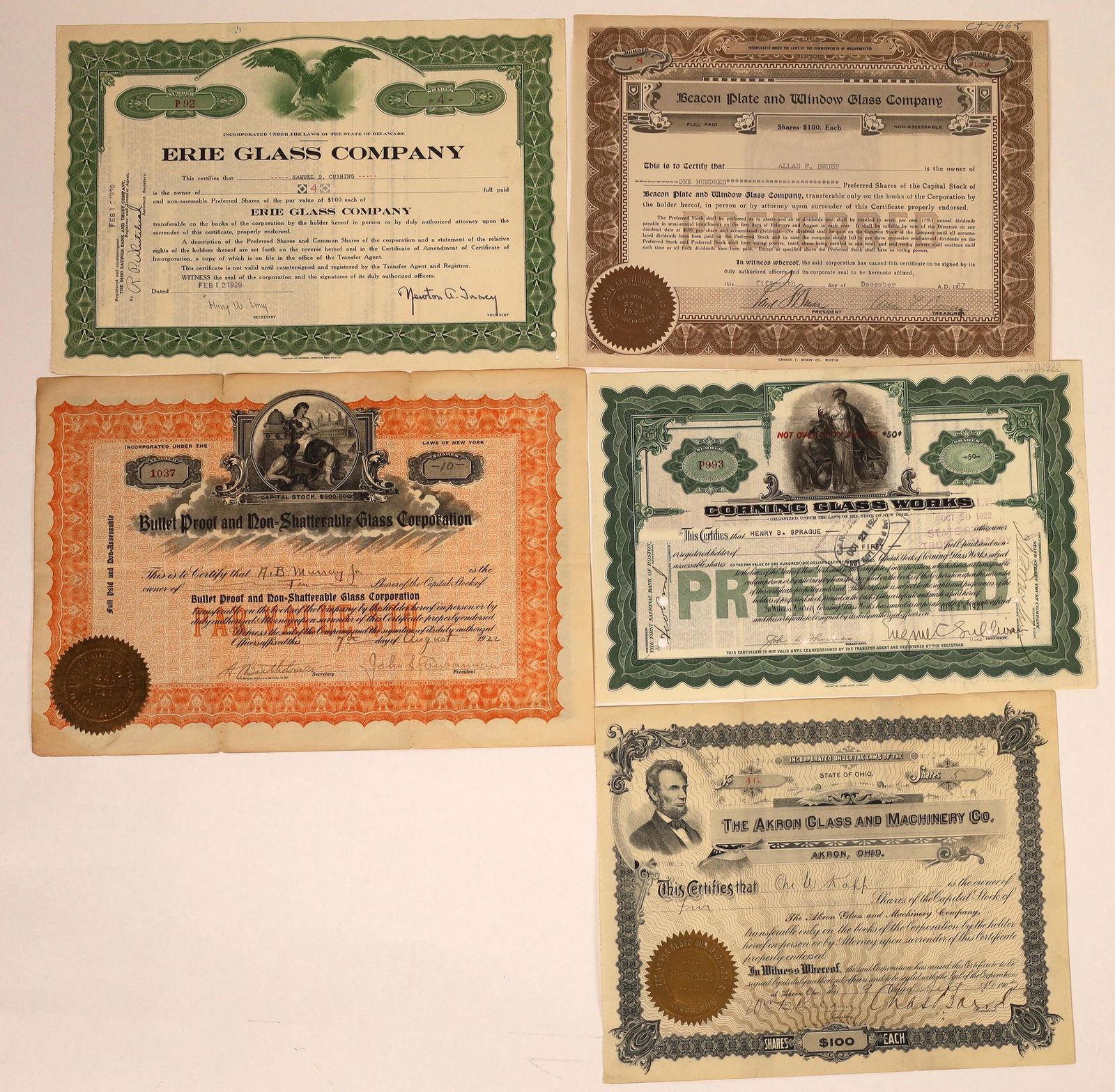 Glass Company Stock Certificates (5)  [129750] (1 of 1)
