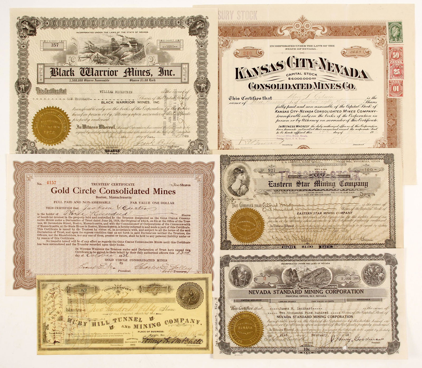 Six Nevada Miscellaneous stock certificates [88418]: A lot of 6 Misc. NV Mining District stock certificates: 1) 100 shares of Eastern Star Mining Co Treasury Stock cert #927 issued to Alfre Hardeman dated Aug 2, 1913, gold seal signed Geo Pellom pres.,