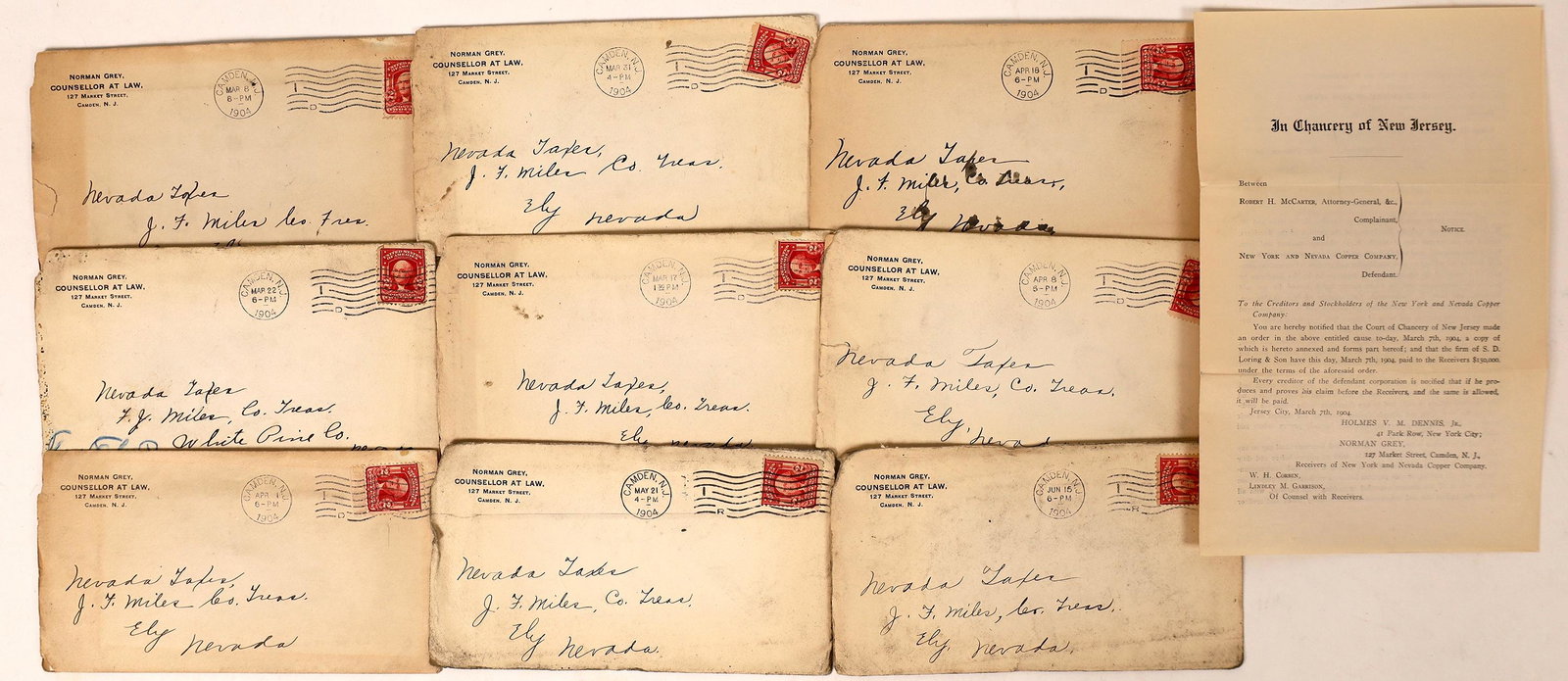 State of Nevada suing New York & Nevada Copper Company: Lot of nine. All from Norman Grey, attorney, Camden, New Jersey. All addressed to J. F. Miles, treasurer of Ely. All with content about lawsuit. (W. D. Miles Collection)Date: 1904Country (if not USA):