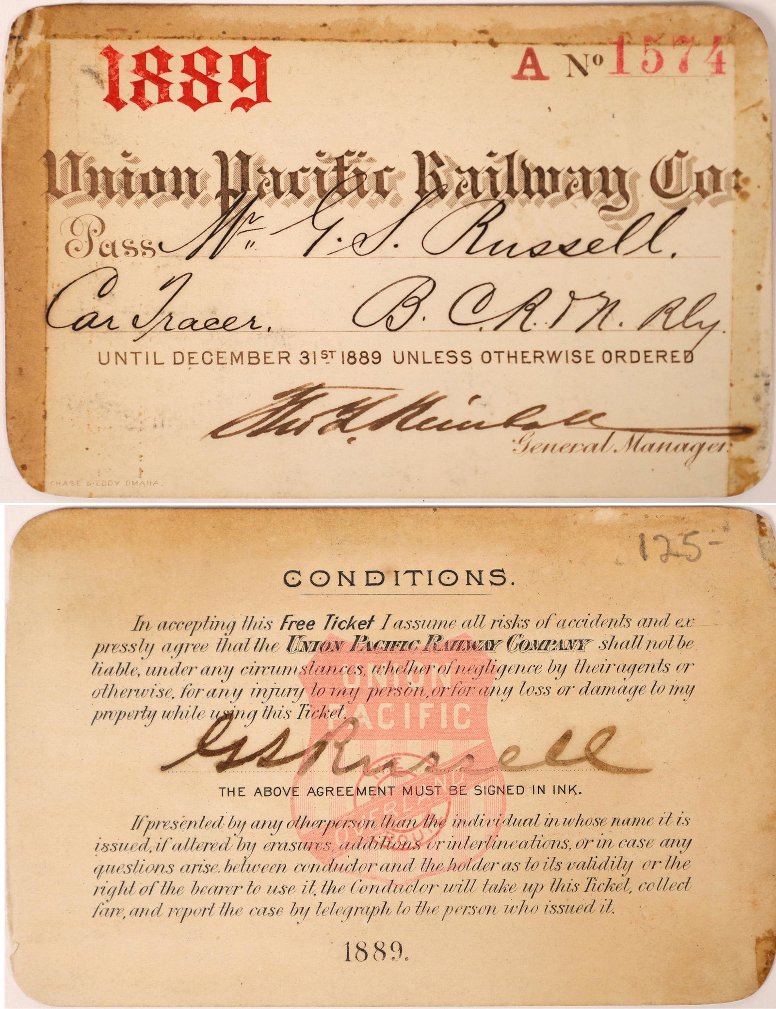 Union Pacific Railway Company Annual Pass, 1889 (1 of 1)