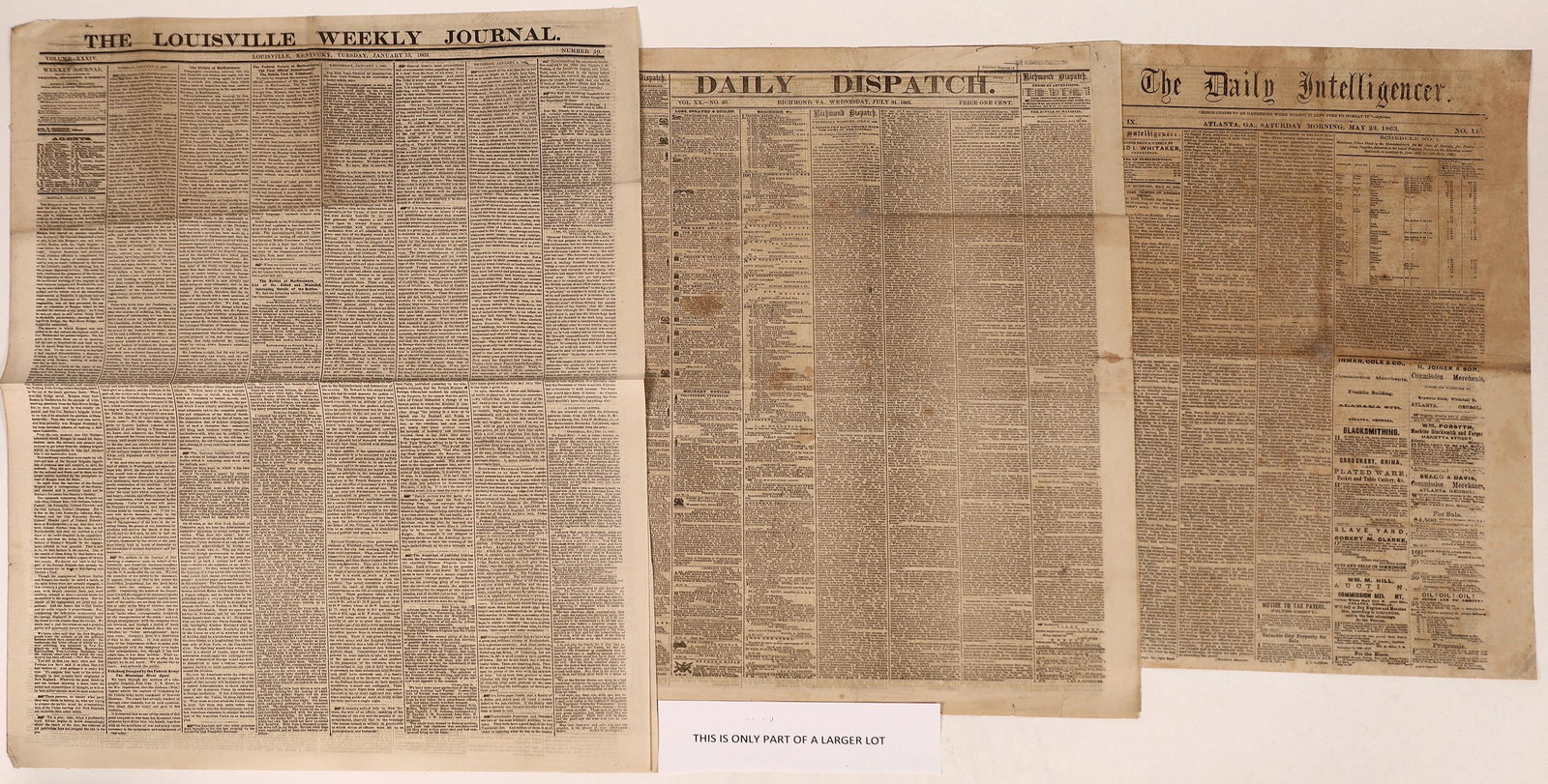 Confederate News and Southern Papers 1860's [125075]: This is a lot of nineteen (19) newspaper groupings from the South during and after the Civil War. Papers are from Richmond, Virginia 1861; Norfolk, Virginia, New Orleans 1862, Atlanta, Petersburg, Va.