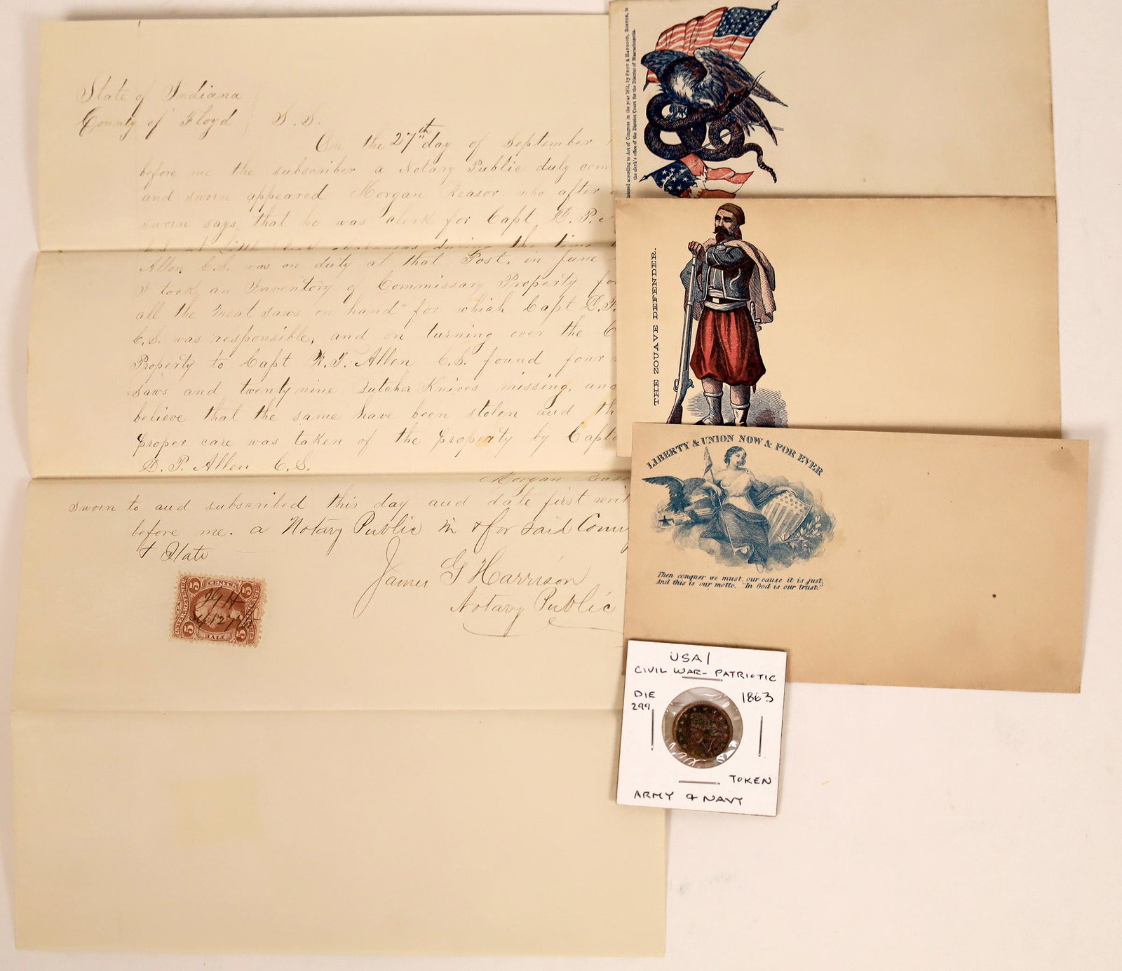 Civil War Theft report, Envelopes & Token [135517]: Lot of 5. Three small evelope's w/color vignettes of seated Liberty, Eagle fighting snake w/American flags and Defender. One patriotic token Liberty obverse 1863, Army & Navy reverse.Property theft re