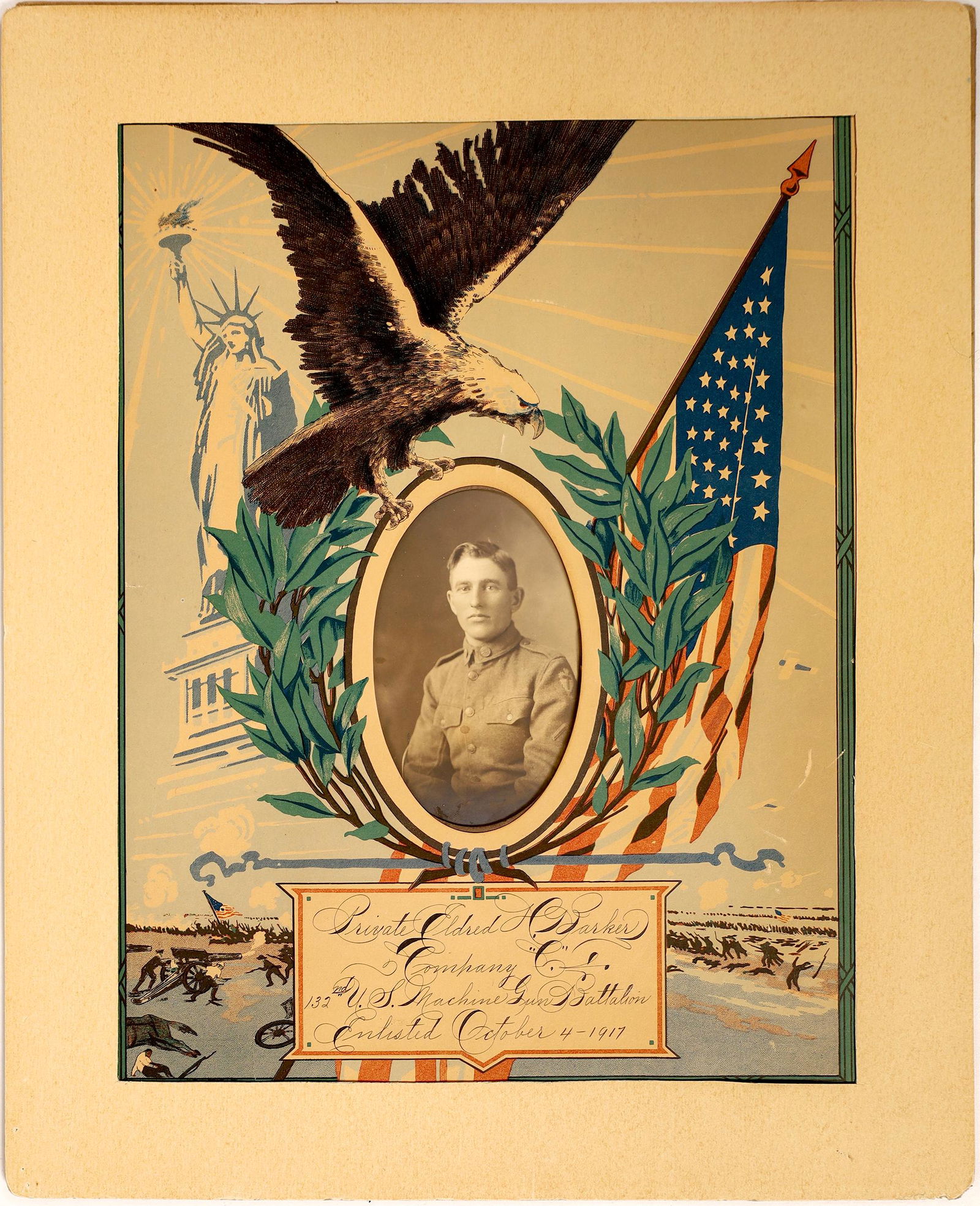 World War I Fancy Photograph of Private in U. S.: [x=#129/]gPrivate Eldred H. Barker; Company C; 132nd U. S. Machine Gun Battalion; Enlisted October 4, 1917.[x=#129/]h The 132nd arrived in France late, but was involved with some of the heaviest trenc