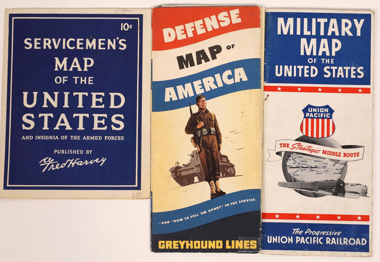 Military Use Maps (3) [131672]: A group of three maps used by military service personnel. 1. Military map of the U.S. published by Union Pacific Railroad. It shows military airfields and bases for each state circa 1944. The 4"x 9" p