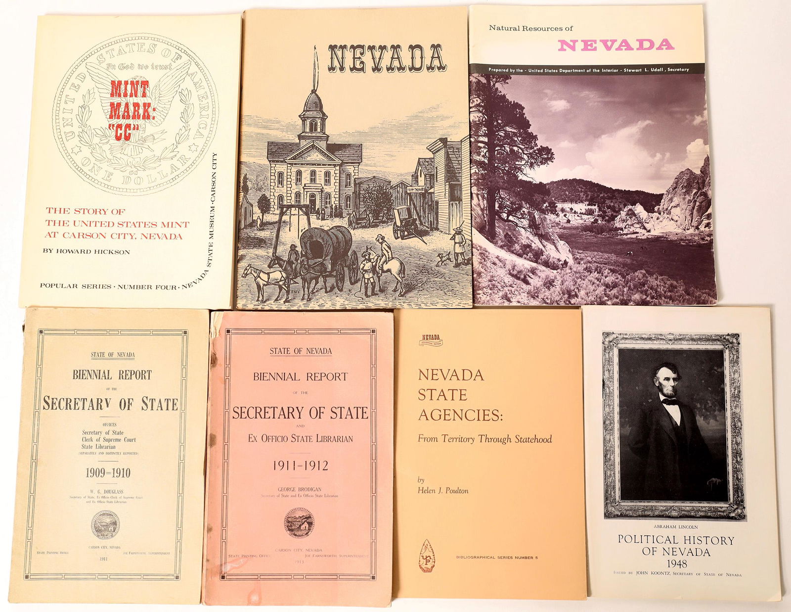 Government & Political Publications [131884]: Lot of 7. 1) Political History of Nevada, 1948 [x=#8211/] 2) Nevada State Agencies 1964 [x=#8211/] 3) Mint Mark [x=#8220/]CC[x=#8221/], 1972 [x=#8211/] 4) Nevada, an Exhibition, 1965 [x=#8211/] 5) Nat