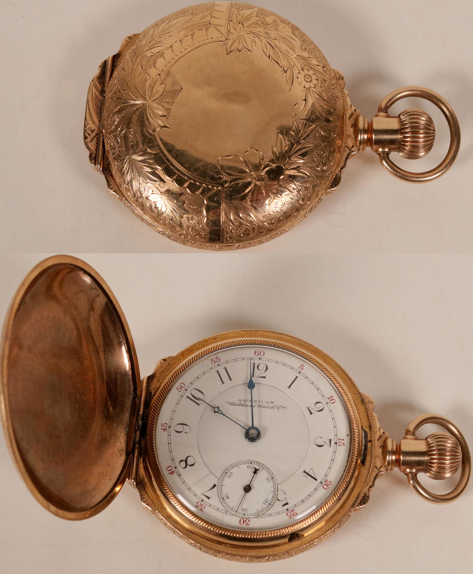 Large Mens 14 kt Gold Pocket Watch, 1889-1890 [135466]: American Waltham Watch Co. guts serial number 3886198, 15 jewel, size 18, made between May 1889 and February 1890, 400 made. Model 1883. The case is marked J. Boss 14kt. Footed, with fancy engravingof