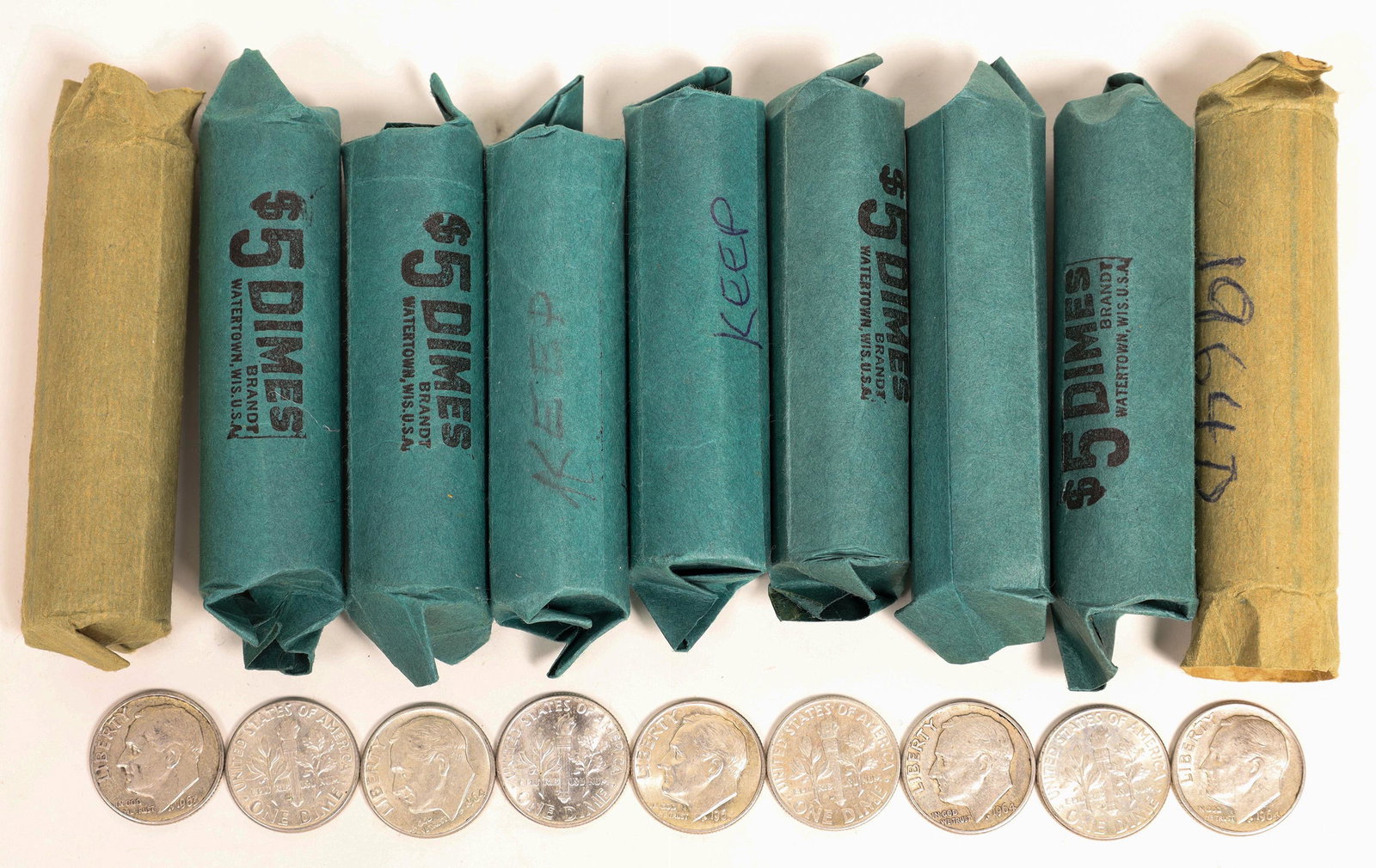 Rolls of U.S. Silver Dimes [131187]: Lot of nine 50 coin rolls of circulated U. S. dimes, Mercury and Roosevelt. One roll is all 1964-D, one roll all Mercury. Date: Country (if not USA): State: City: Provenance: Ken Prag Collection