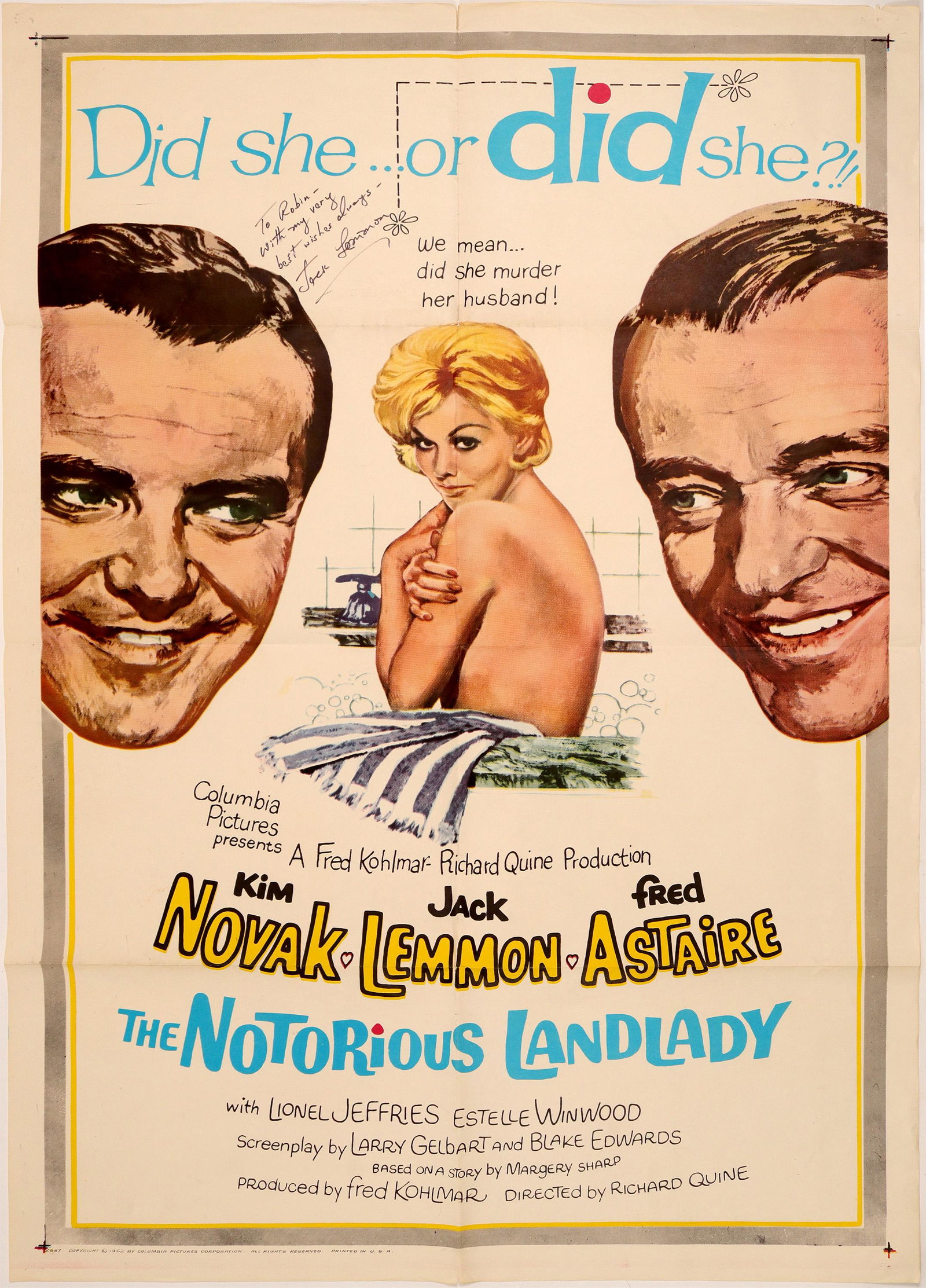 Notorious Landlord Poster with Jack Lemon Sig [102711]: Theatre lobby poster for The Notorious Landlord with Jack Lemon autograph. 40x27" Date: Country (if not USA): State: California City: Hollywood Provenance: Fred Holabird CollectionDate: Country (if no