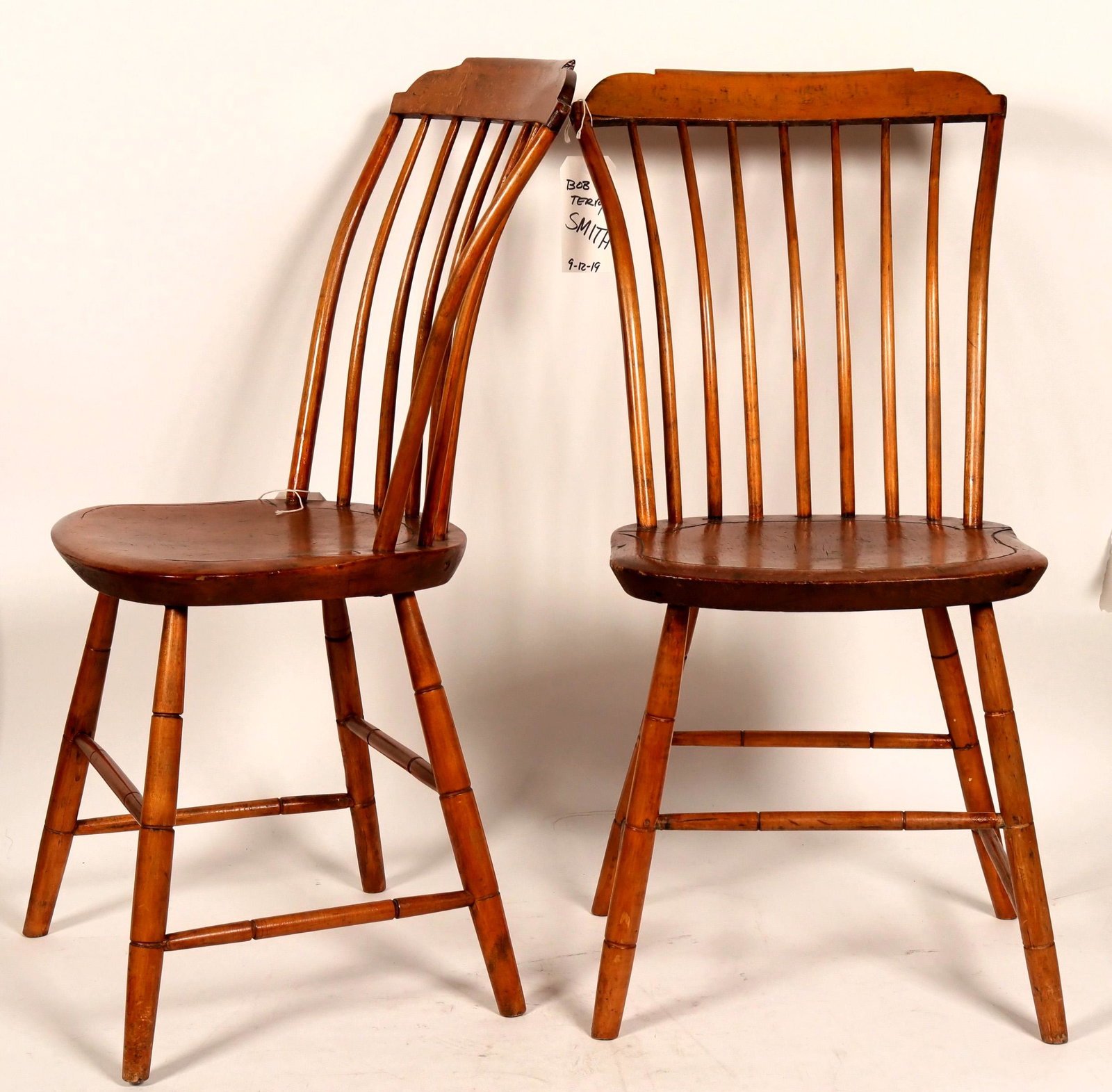 Antique Wooden Chairs - 2 [109349]: Two vintage chairs without markings. Overall height: 35 inches; Seat height: 17 inches; Overall width: 16 inches; Depth: 15 inches.