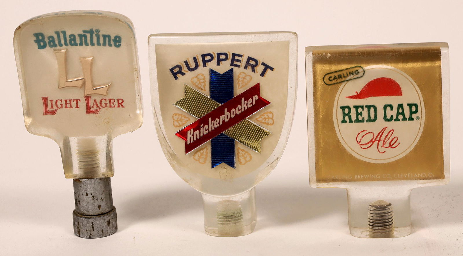 Beer Tap Group Vintage (3) [131879]: Lot of three vintage beer caps. 1) Ruppert Hnieckerbocher- about 4"x3". 2) Carling Red Cap Ale- about 3"x4". 3) Ballantine Light Lager about 5'x2.5". All three are ready to install and have a 3/8 thre